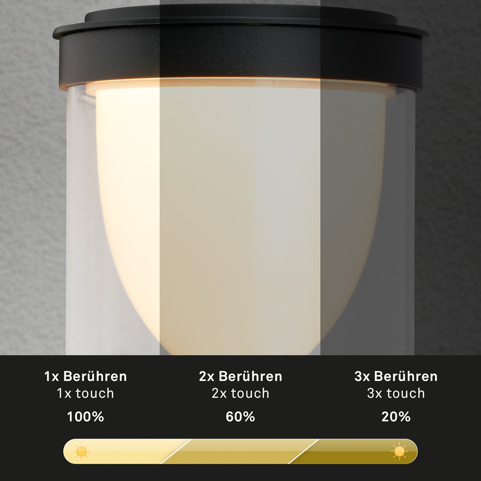 Ladattava LED-ulkoseinävalaisin 3930015, musta, kosketushimmennin