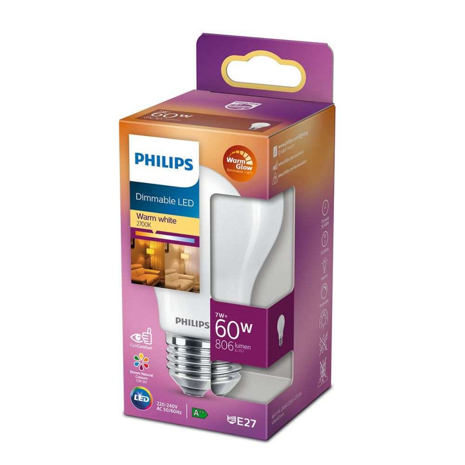 Bec LED 7W Plastic Warmglow (806lm) Dimmable E27 - Philips