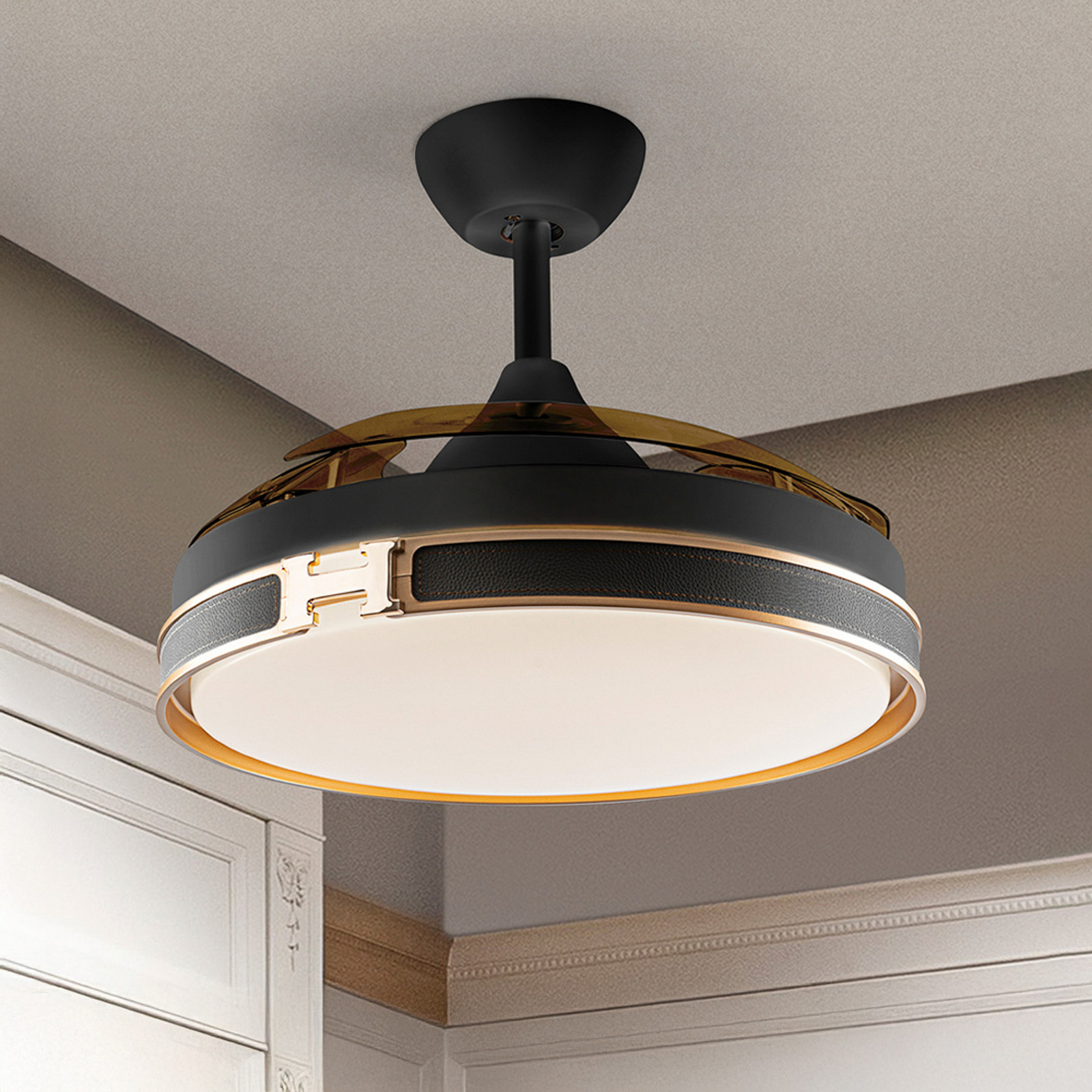 LED stropni ventilator Herón črn/zlati/dimni Ø 106 cm tih