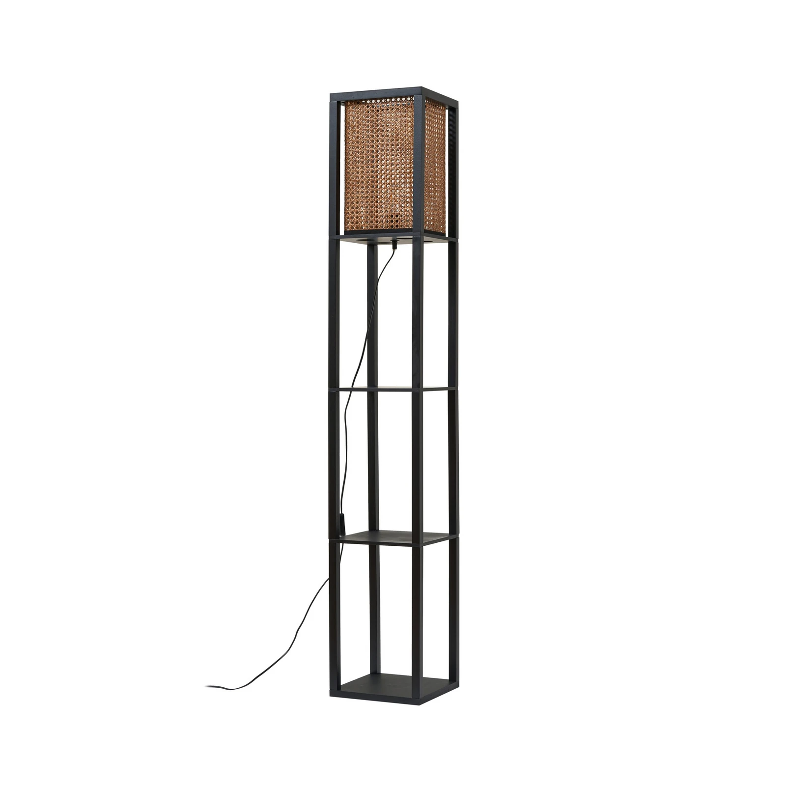 Lindby Stehleuchte Birta, schwarz/natur, Regal, Rattan