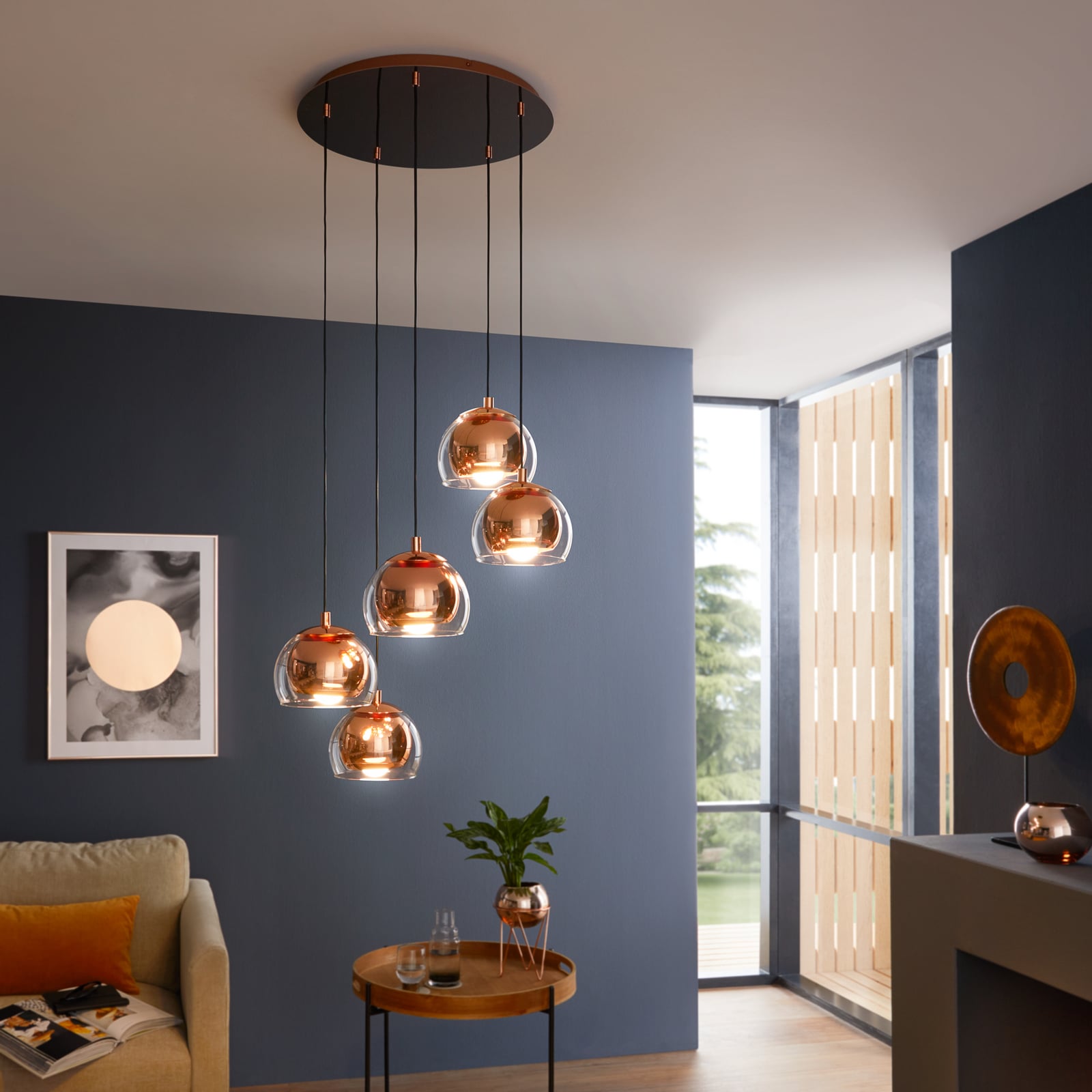 Hængelampe Rocamar 1, kobber, Ø 59 cm, 5 lyskilder, metal/glas