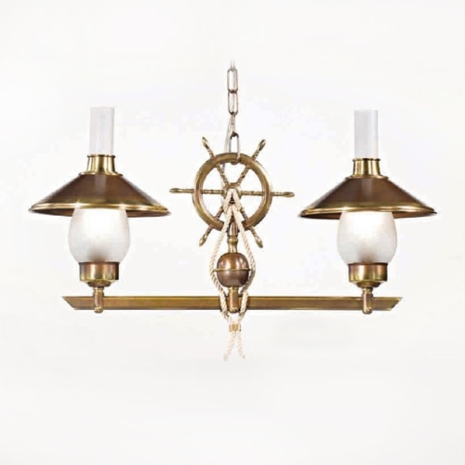 Cremasco Grecale two-bulb hanging light with ship's helm, for Living / Dining Room, brass, glass, fabric, E14, 60 W, energy efficiency: A++, L: 60 cm, W: 21 cm