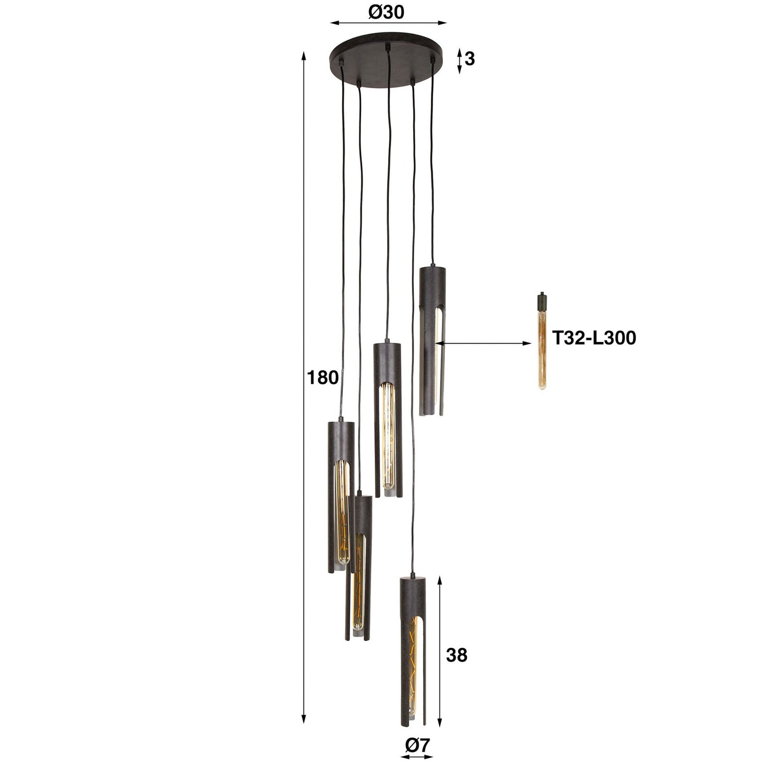 Hängeleuchte Tube, schwarz, Ø 30 cm, Metall, 5-flammig