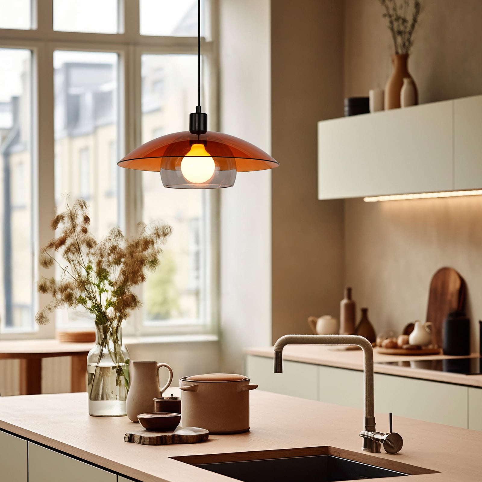 Pakabinamas šviestuvas „Jolly“, gintaro spalvos/juodas, skersmuo 38 cm, stiklas