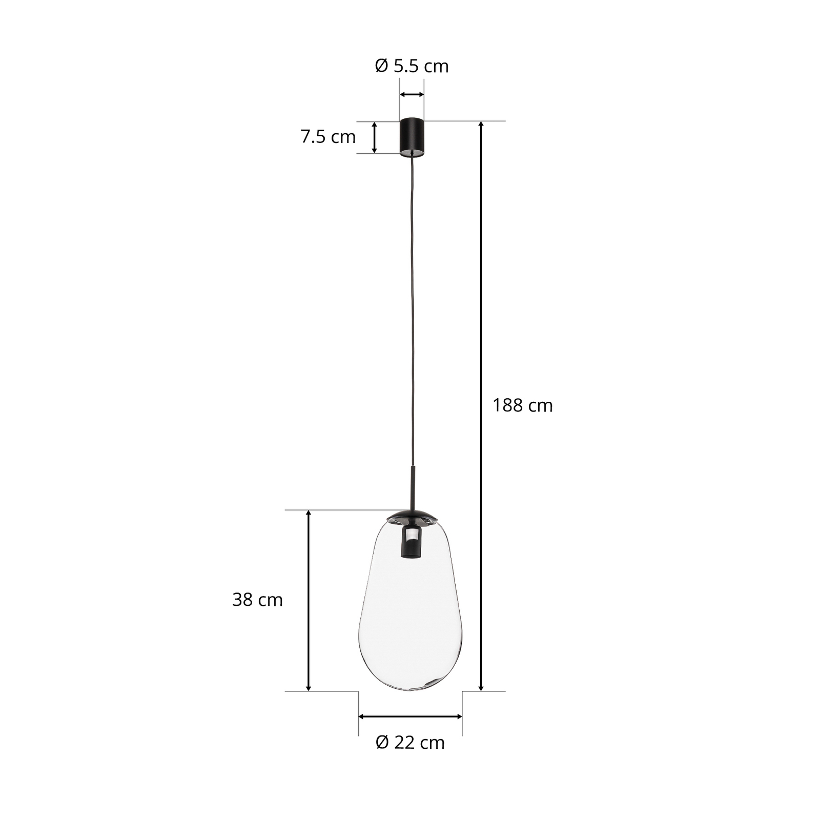 Suspension Pear M avec abat-jour en verre, noir