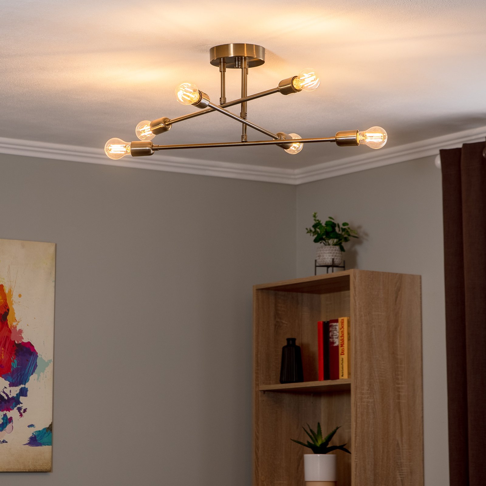 Taklampe Flower 176, 6 lyskilder, antikk gull