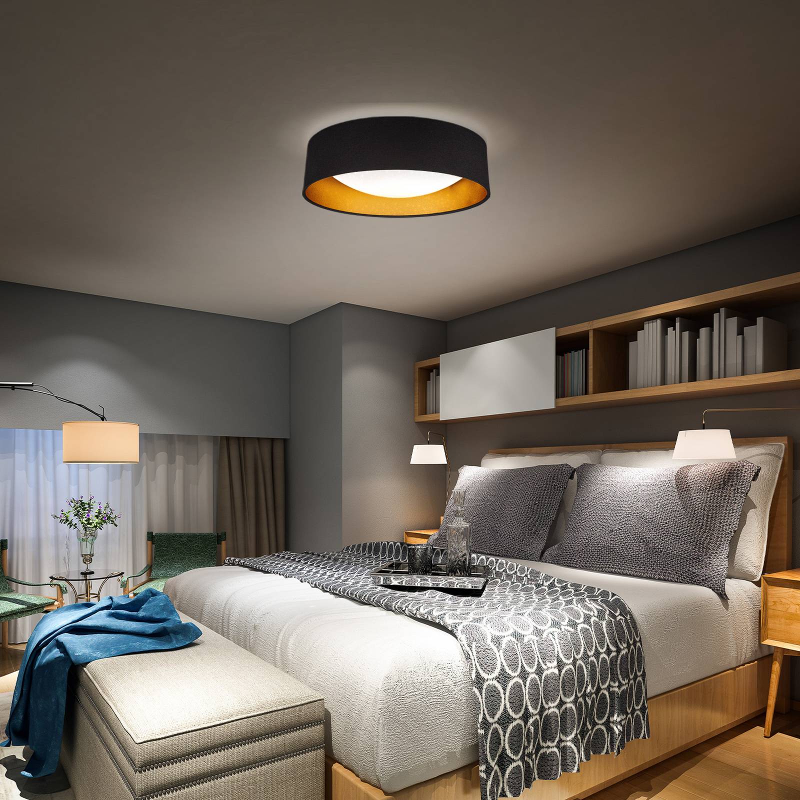 B.K. Licht Plafonnier LED Kari, noir/doré, textile, 4 000 K