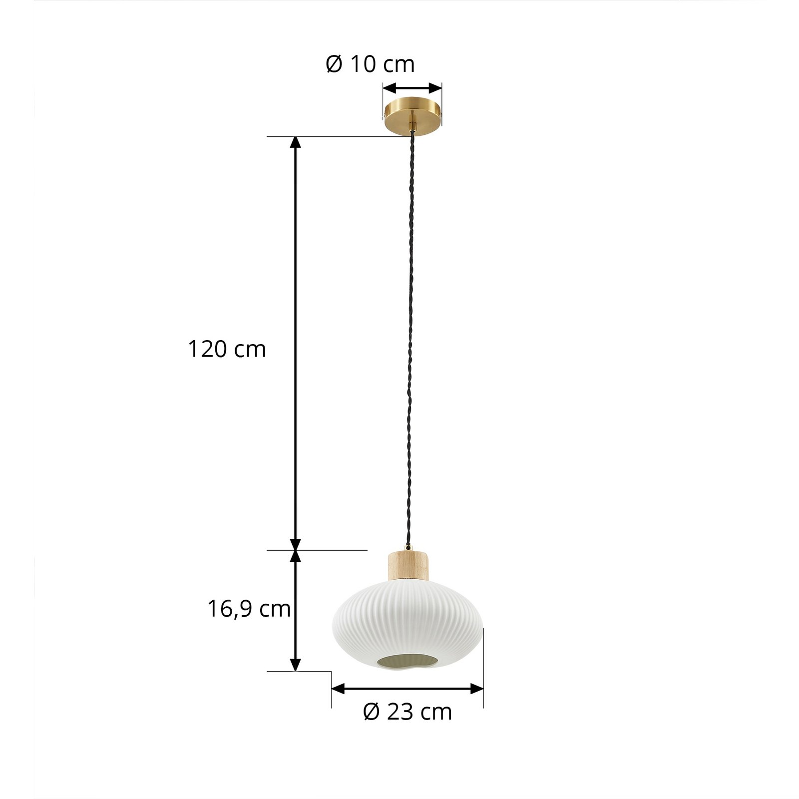 Lindby hengelampe Paulie, Ø 23 cm, keramikk, tre, hvit