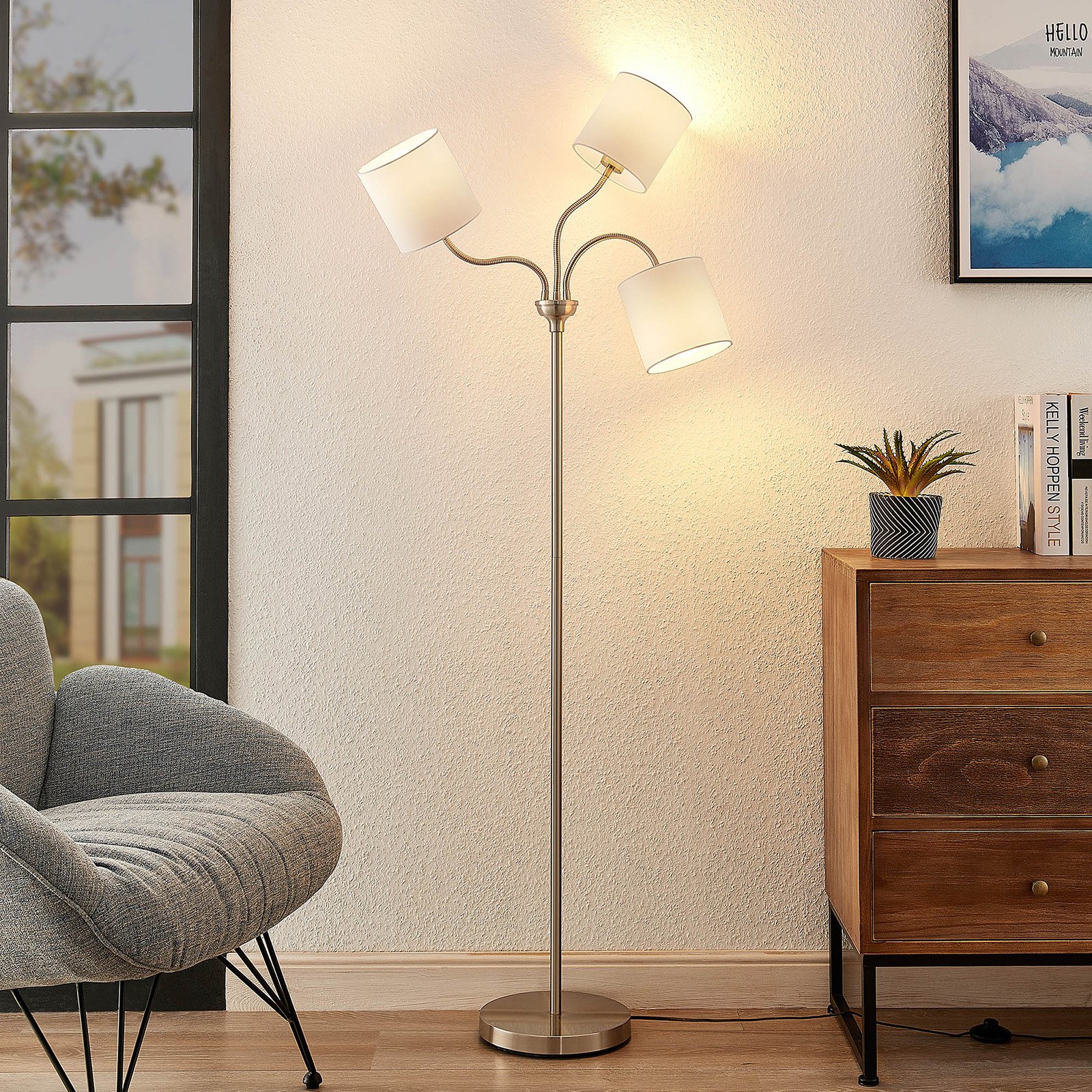 Lindby Manu floor lamp, textile, three-bulb, white