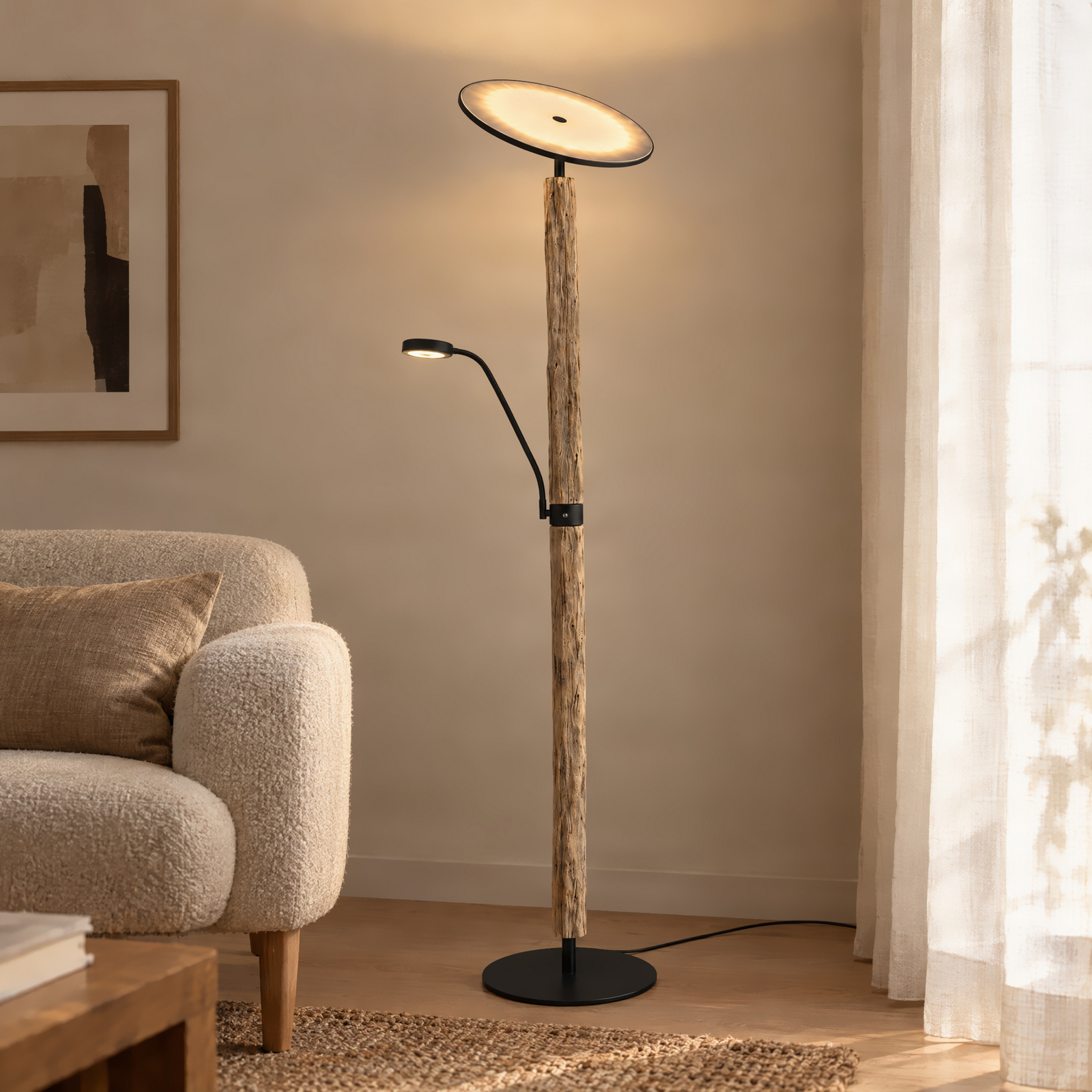 Λάμπα δαπέδου LED Lucande Woodland, 180 εκ., ξύλο, φως ανάγνωσης