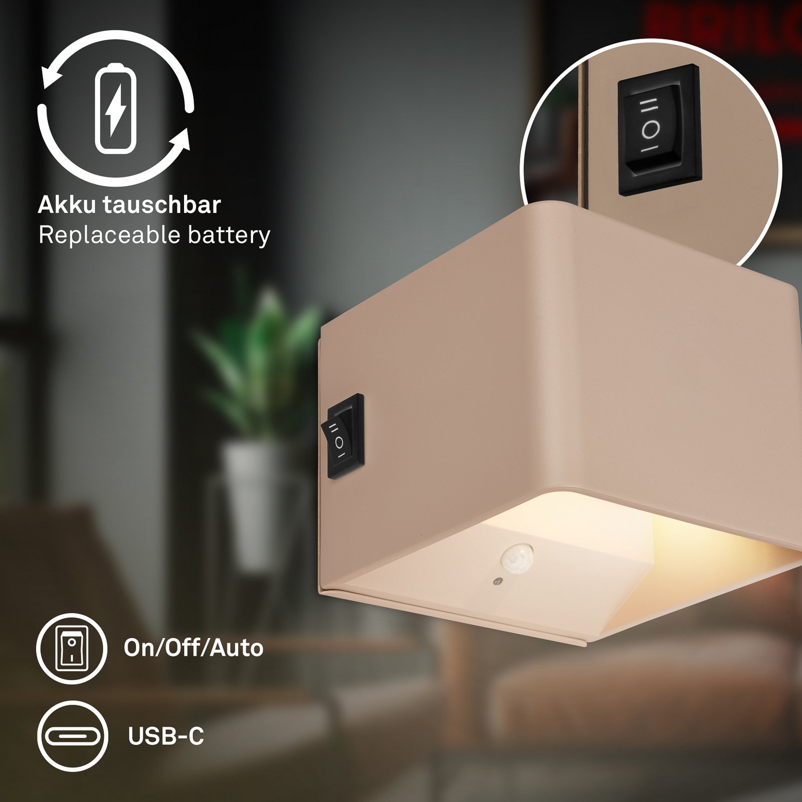 LED-akutoitega seinavalgusti Barro, beež, laius 8 cm, metall, andur