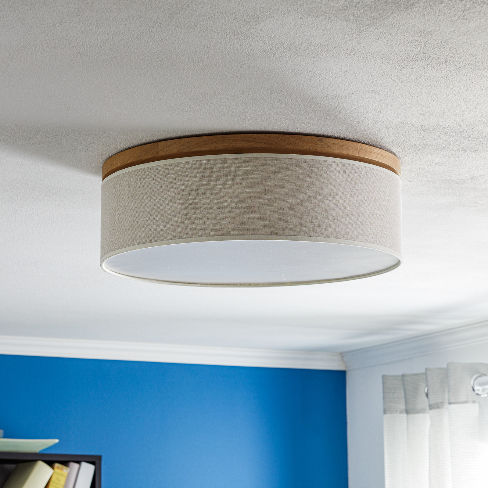 Canvas ceiling light, beige, oak wood, Ø 48 cm, E27