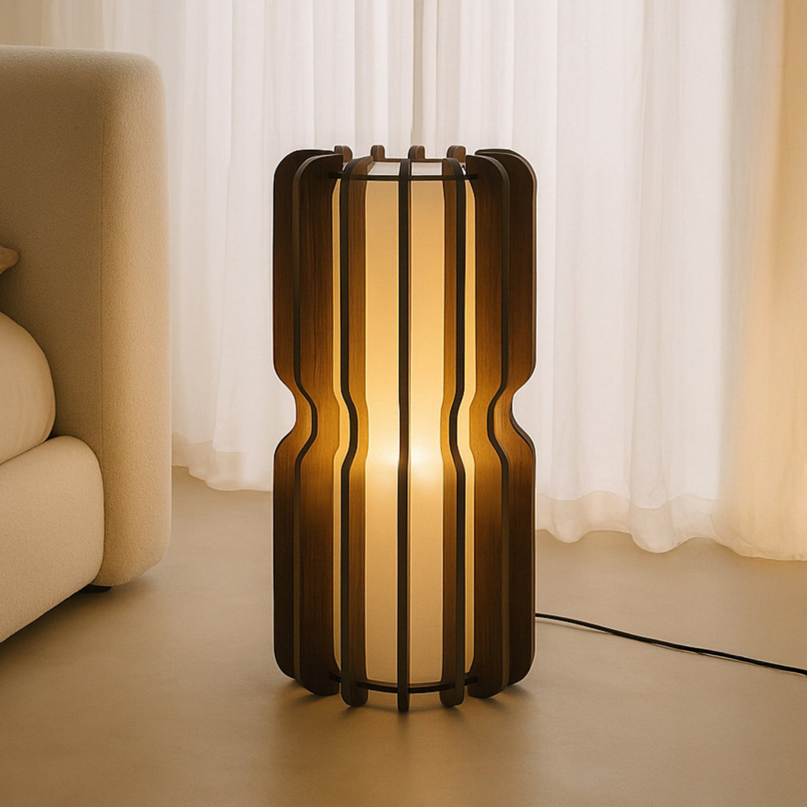 Lucande gulvlampe Juneta, 75 cm, brun, træ, tekstil