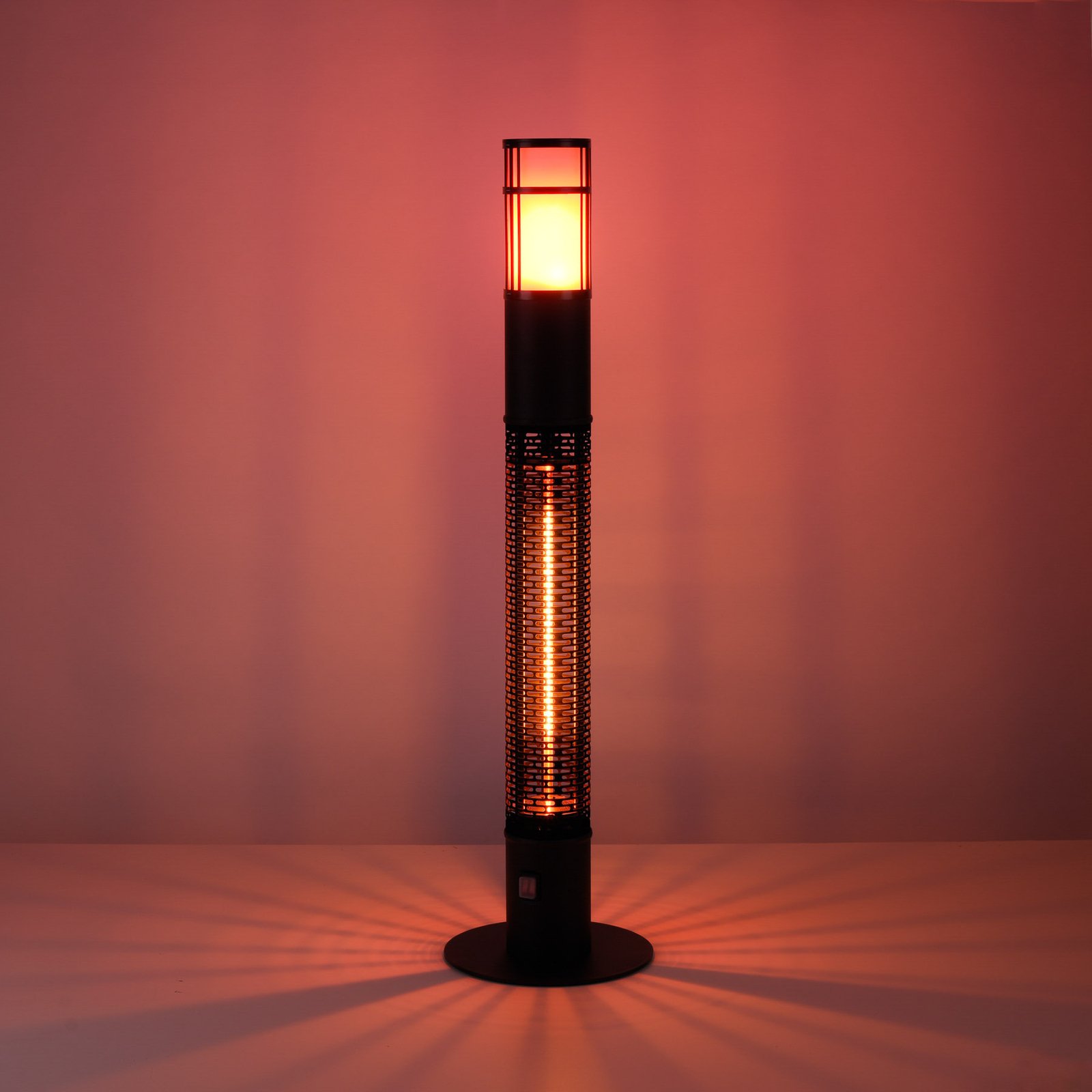 Glow standing radiant heater, flame effect LEDs Lights.co.uk