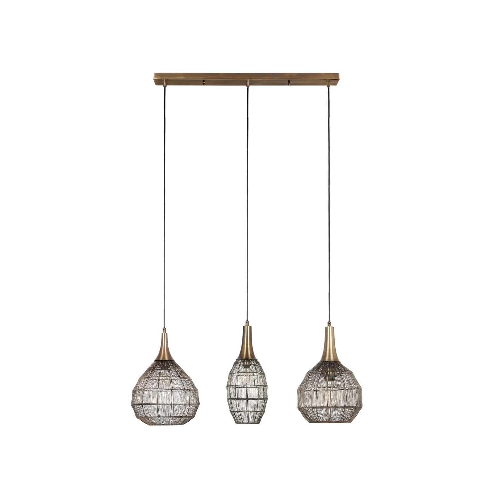 Soraya linear hanging light, 3-bulb, beam, metal, antique brass