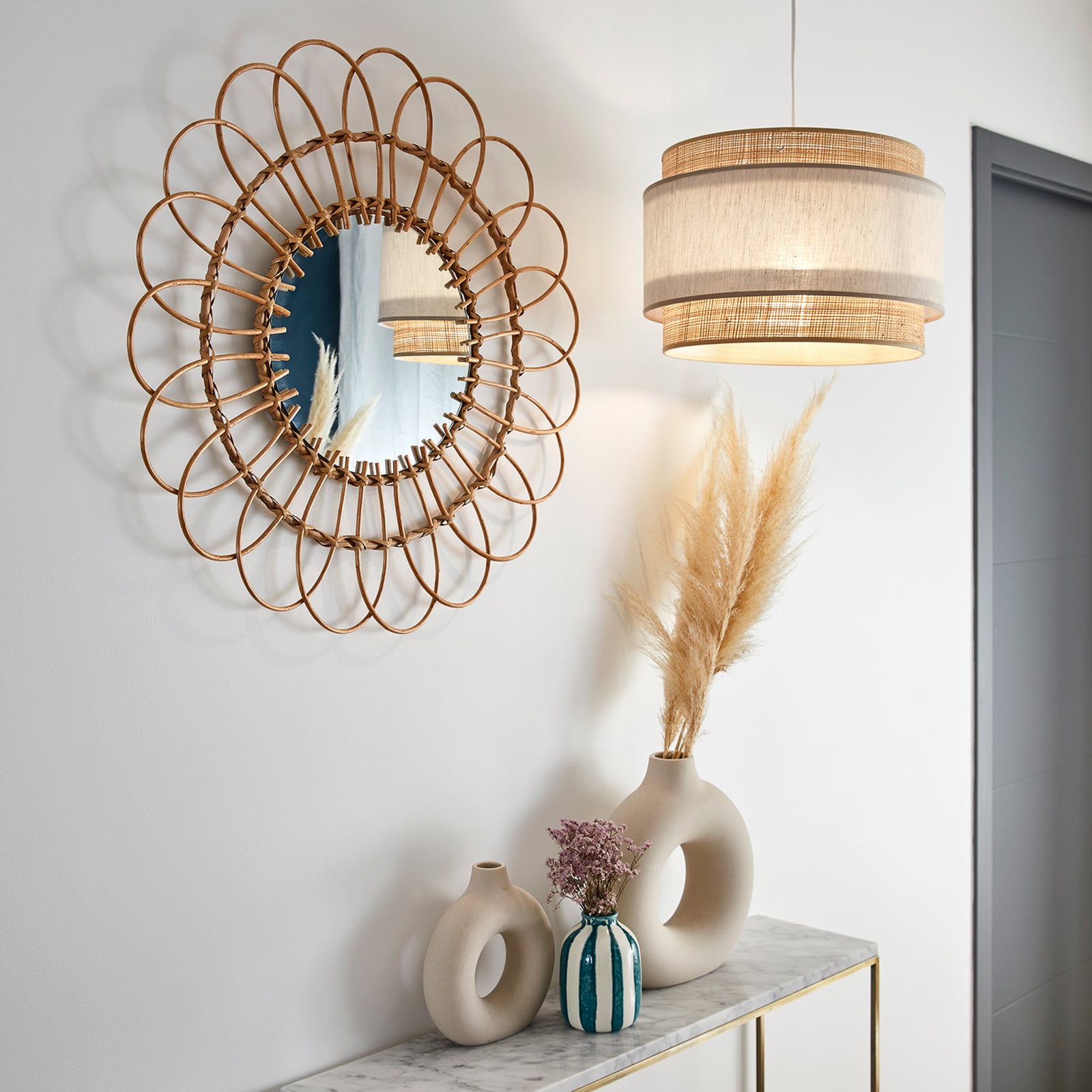 Lampa wisząca Milo, kolor pyla/naturalny, Ø 38 cm, rattan/tkanina