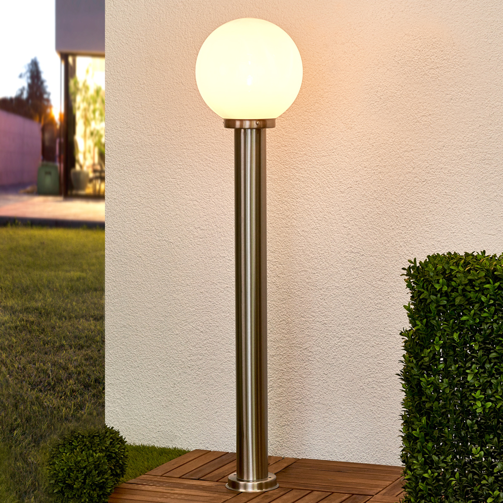 Lindby Aiven - path light with a spherical lampshade, stainless steel, plastic, E27, 60 W, energy efficiency: A++, H: 110 cm