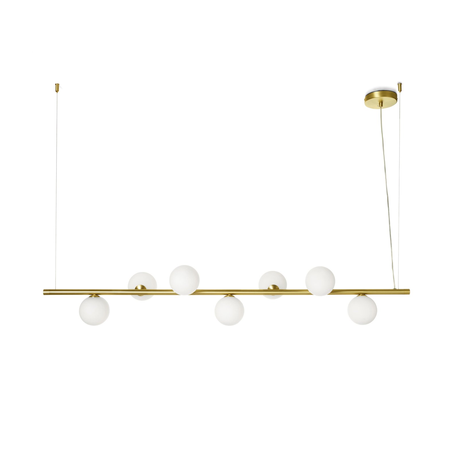 Hanglamp Pomi, 7-lamps, goud/wit, glas, lineair