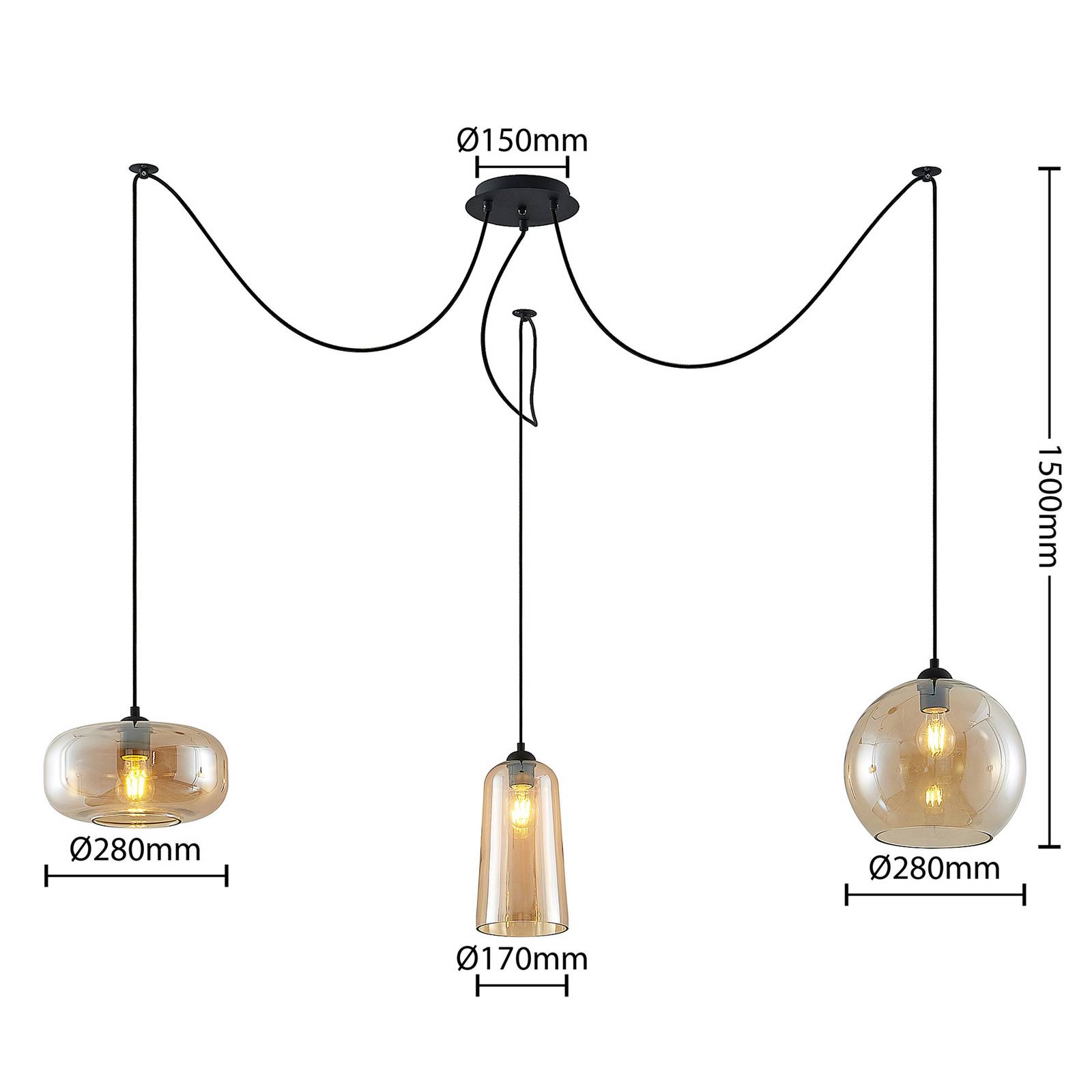 Lucande Zyli lampa wisząca 3-punktowa, bursztynowa