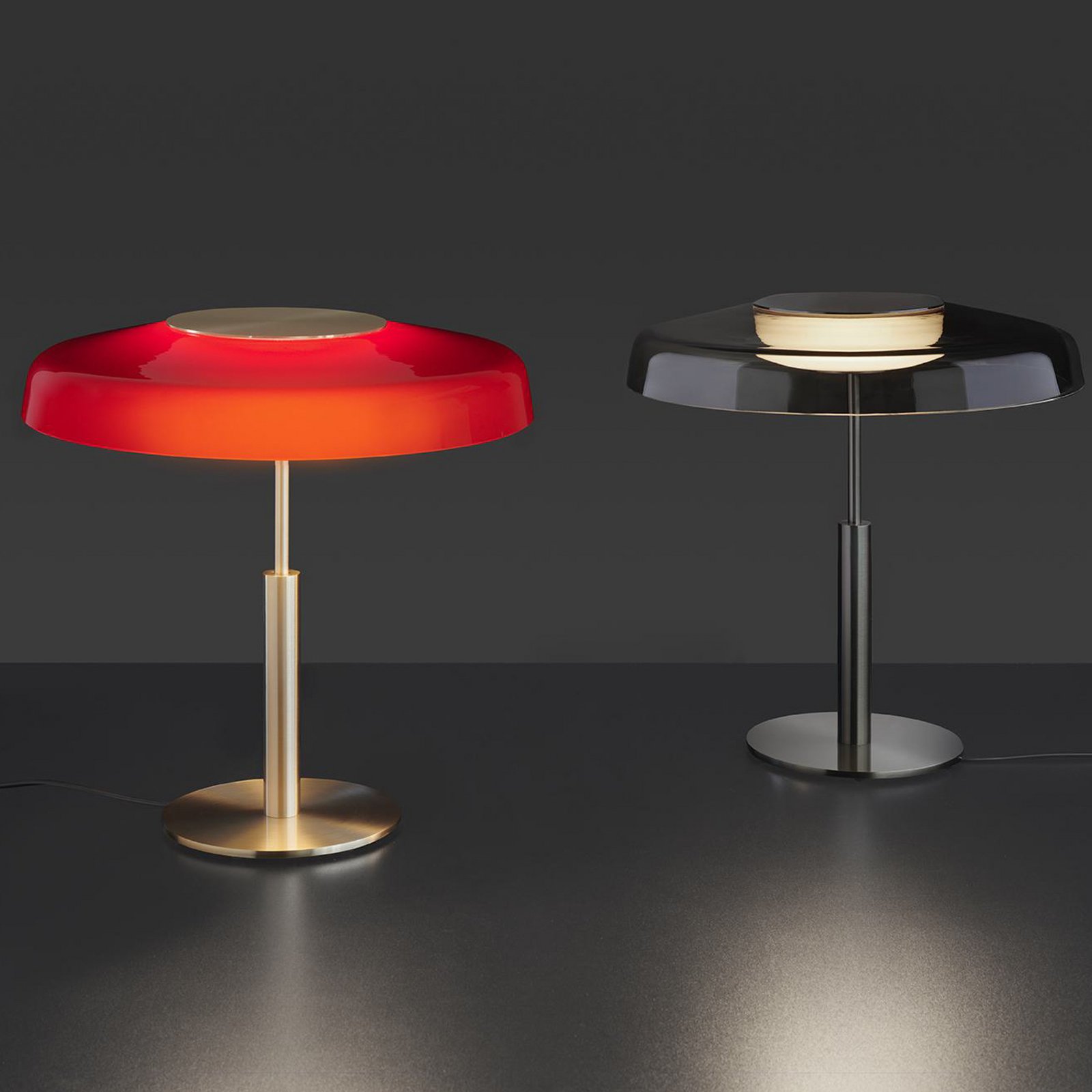 Oluce LED table lamp Dora, nickel/smoke grey, metal, PMMA