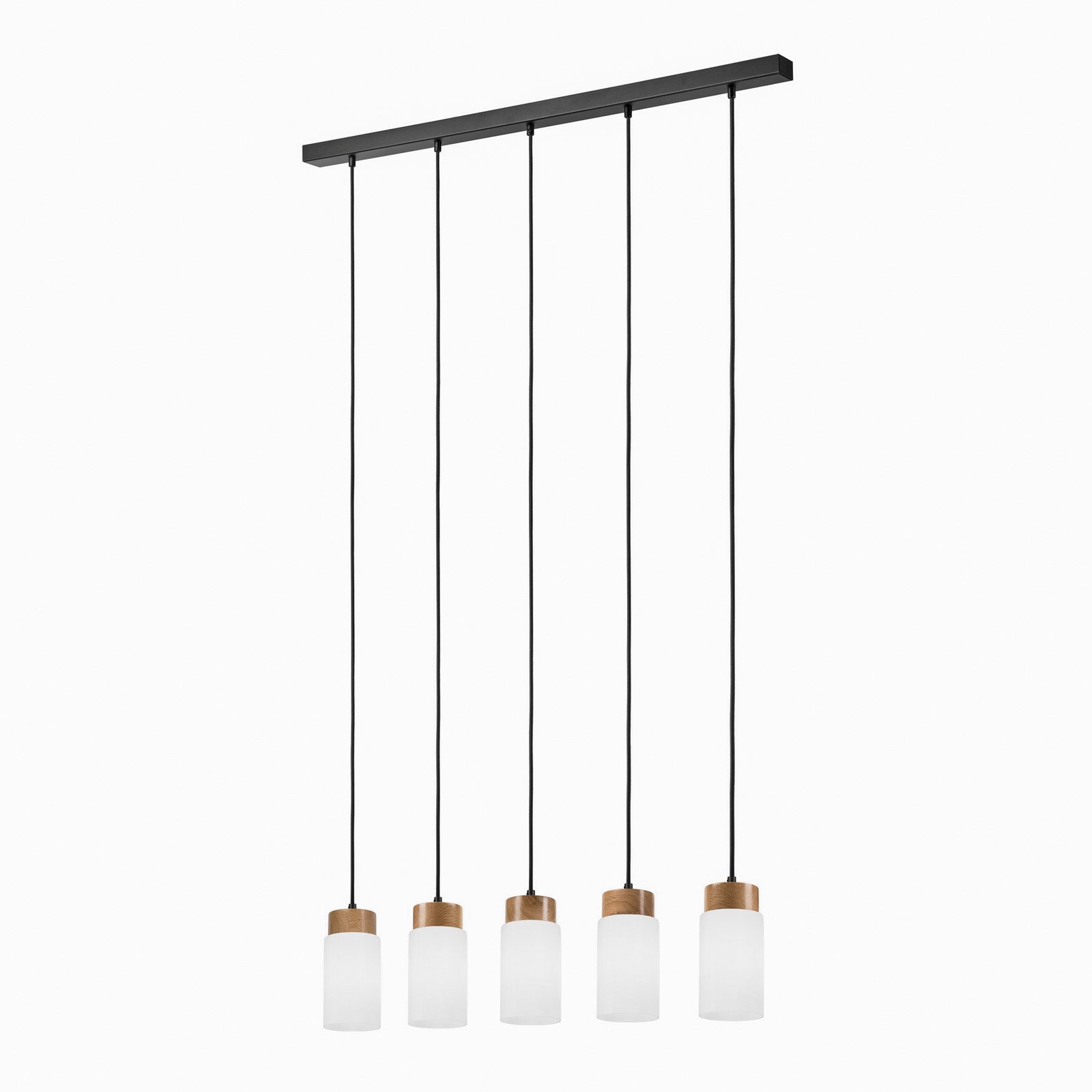 Markus pendant light, opal glass/oak wood, length 100 cm, 5-bulb.
