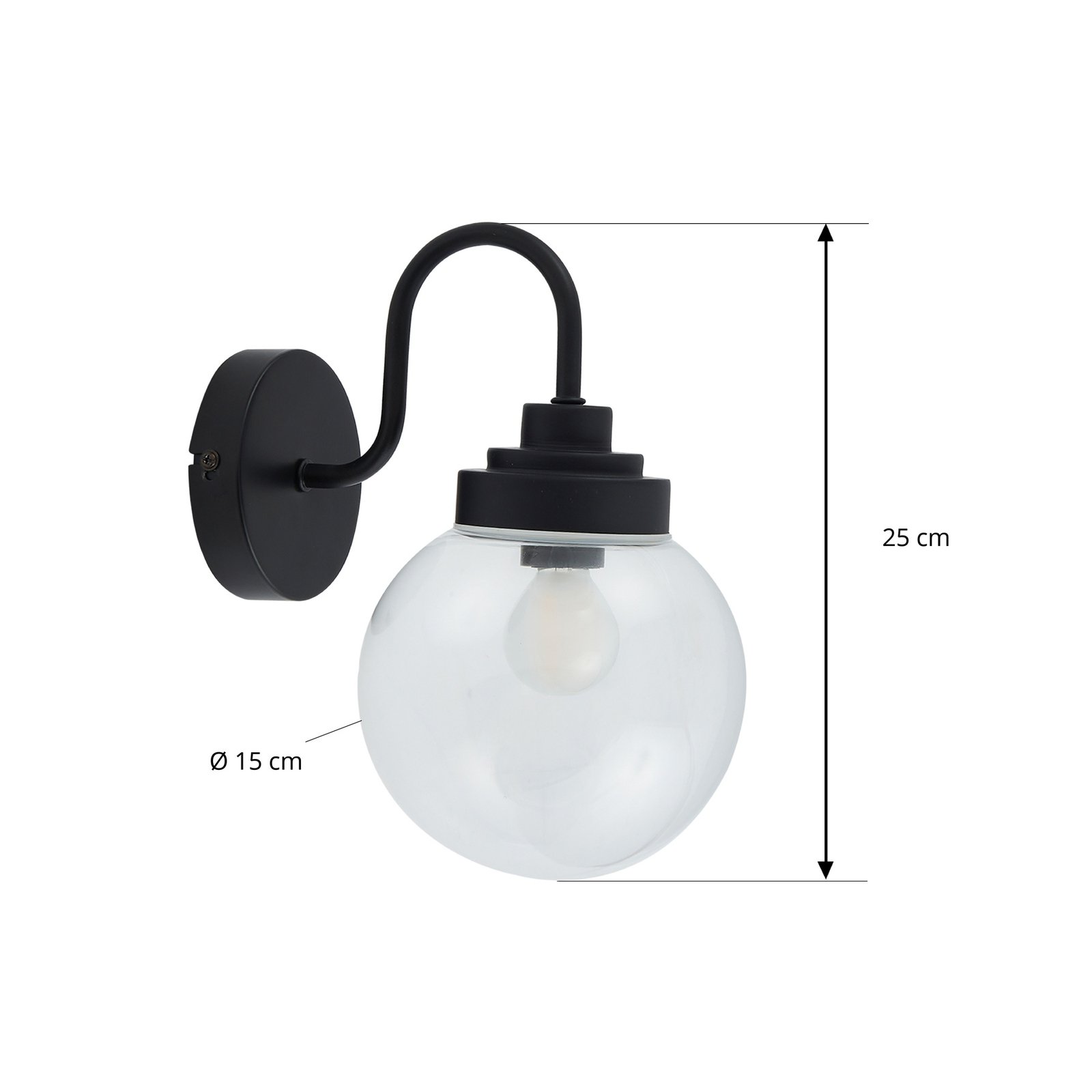 Lucande aplique de pared Badolo, negro, cristal, 25 cm de altura, IP44