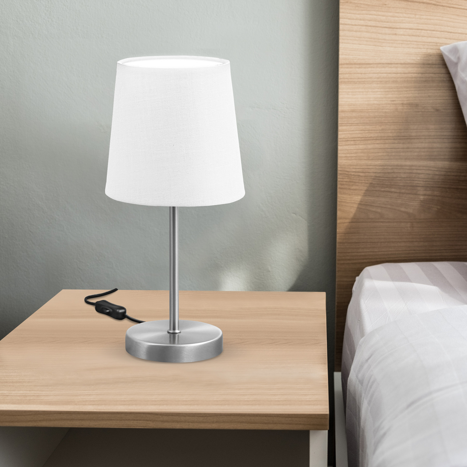 Lampe à poser Kaneo, blanche, hauteur 30,8 cm, métal, tissu, E14 Lampe à poser Kaneo, blanche, hauteur 30,8 cm, métal, tissu, E14