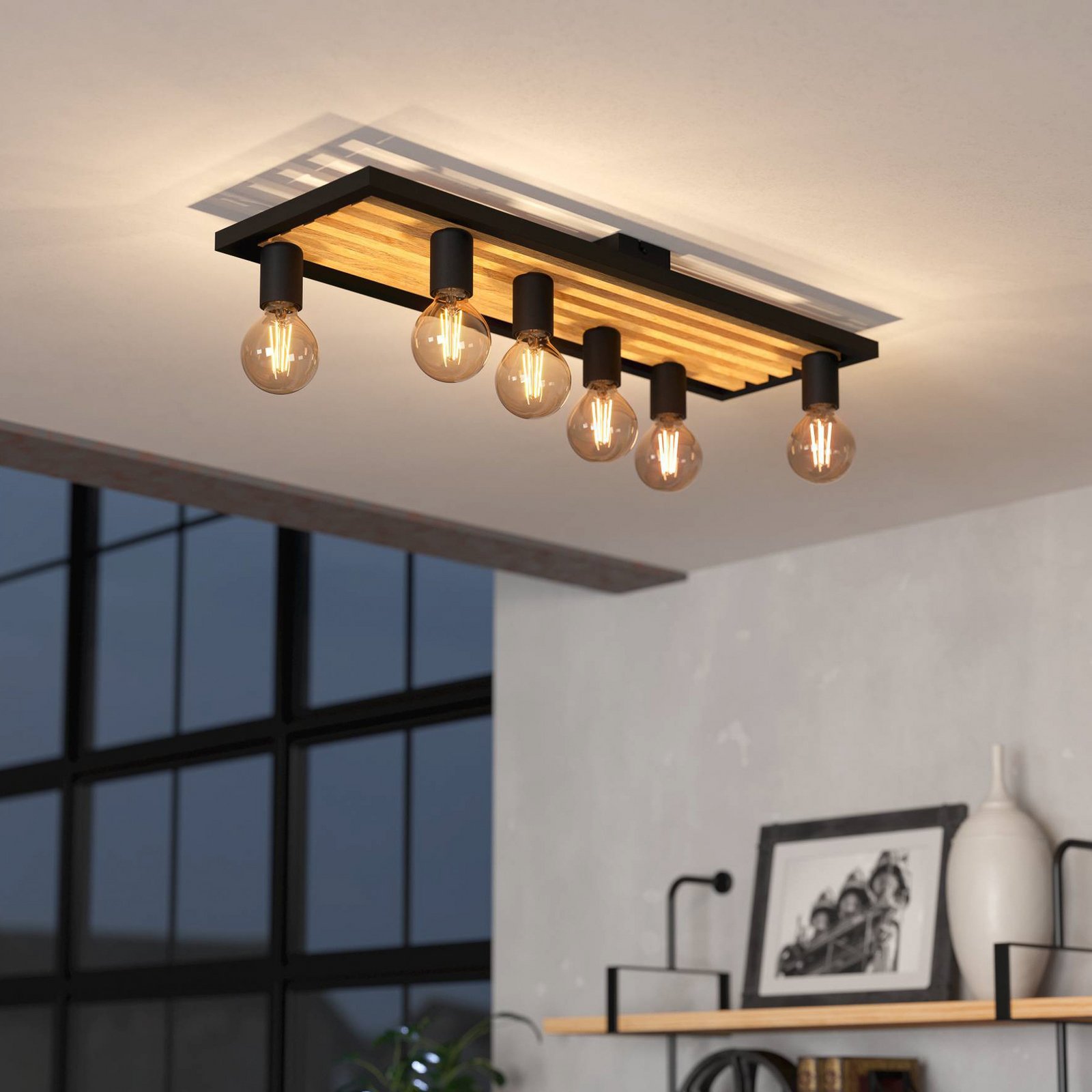 Consett ceiling lamp, black/brown, wood, 78 cm, 6-bulb, E27