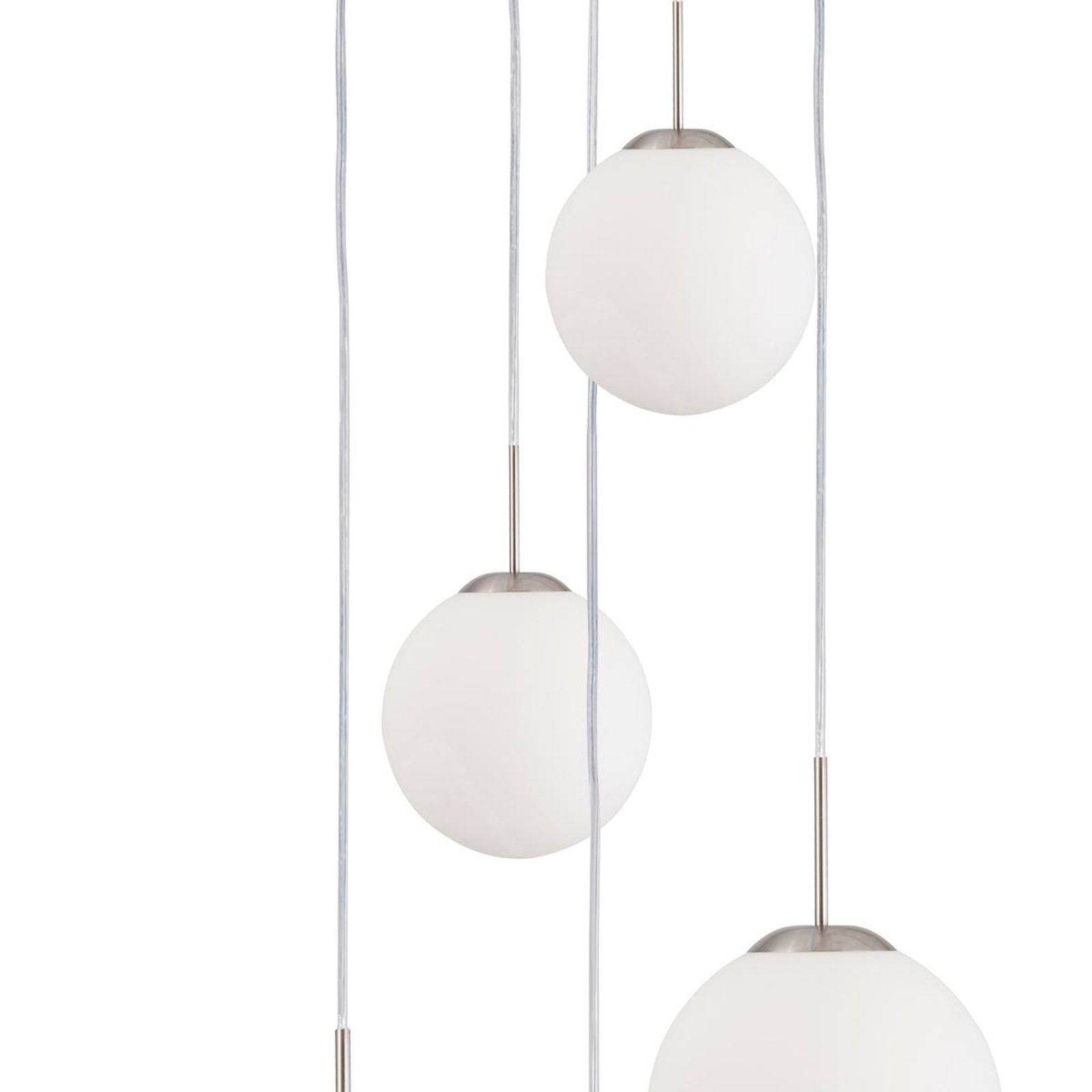 Suspension Bollique, acier, blanc opalin, verre, 5 lampes rondes