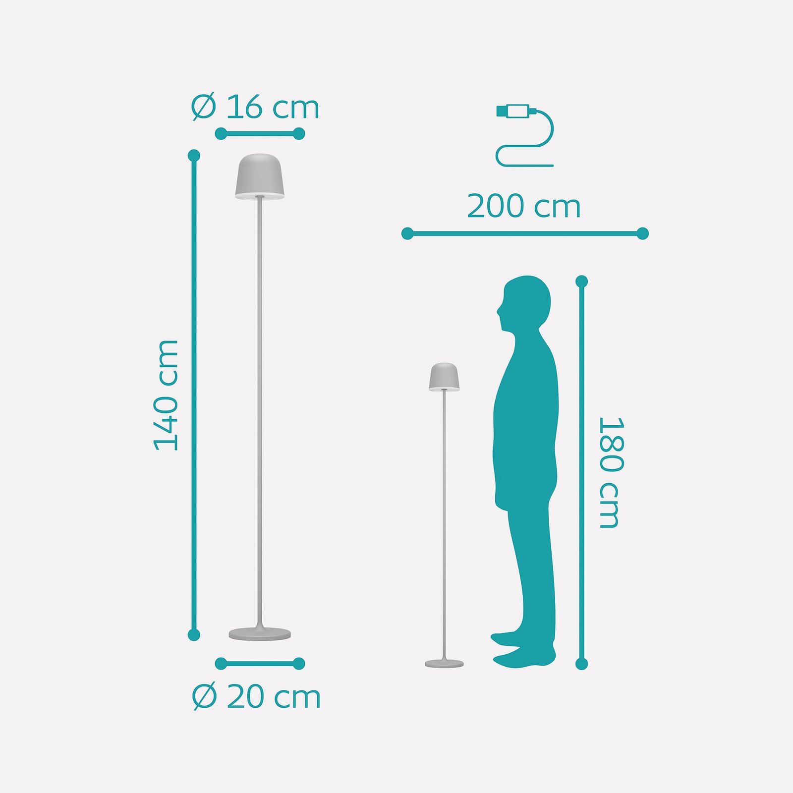 Mannera-L LED rechargeable patio lamp, grey, height 140 cm, metal