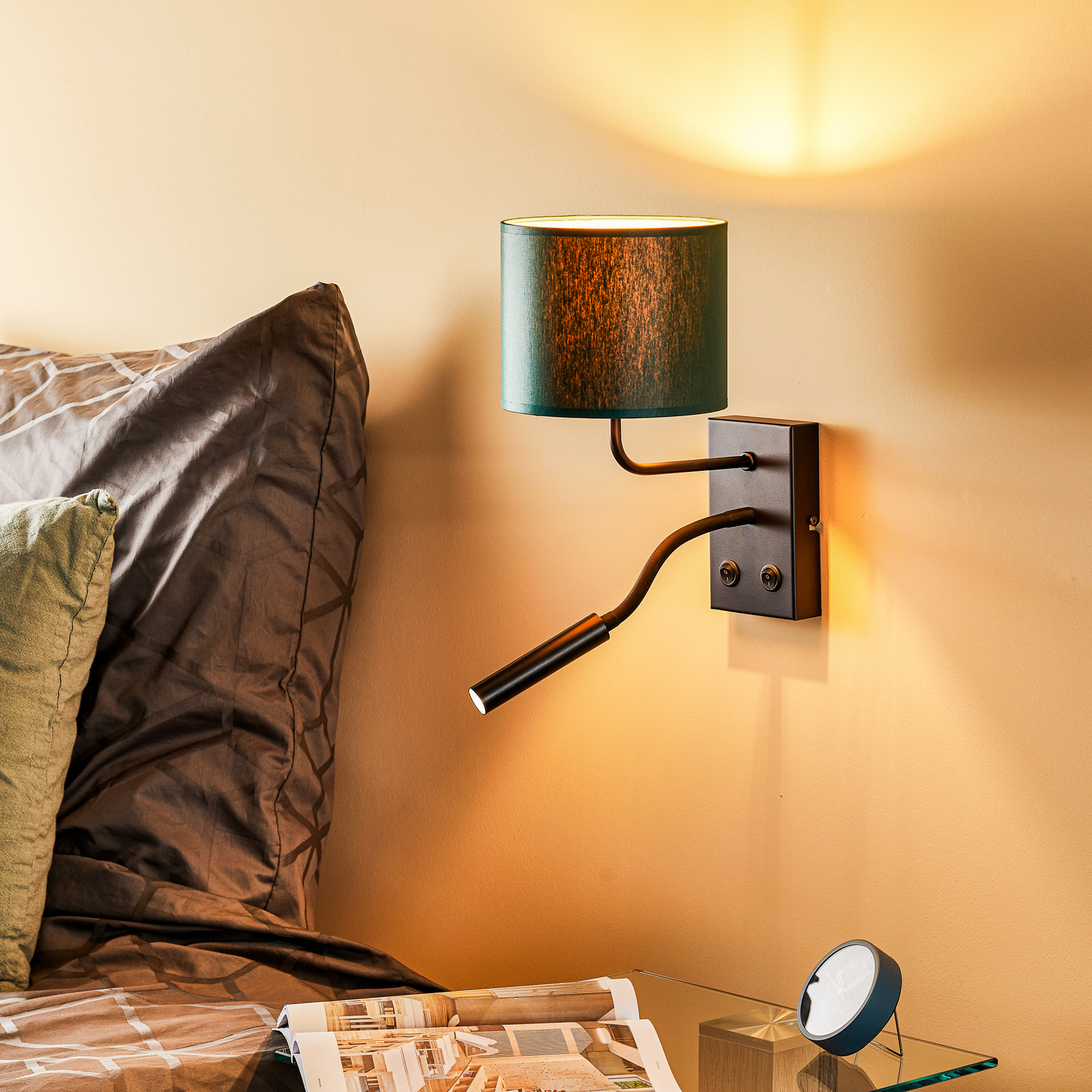 Стенна лампа Soho, цилиндрична, светлина за четене, зелена/златна