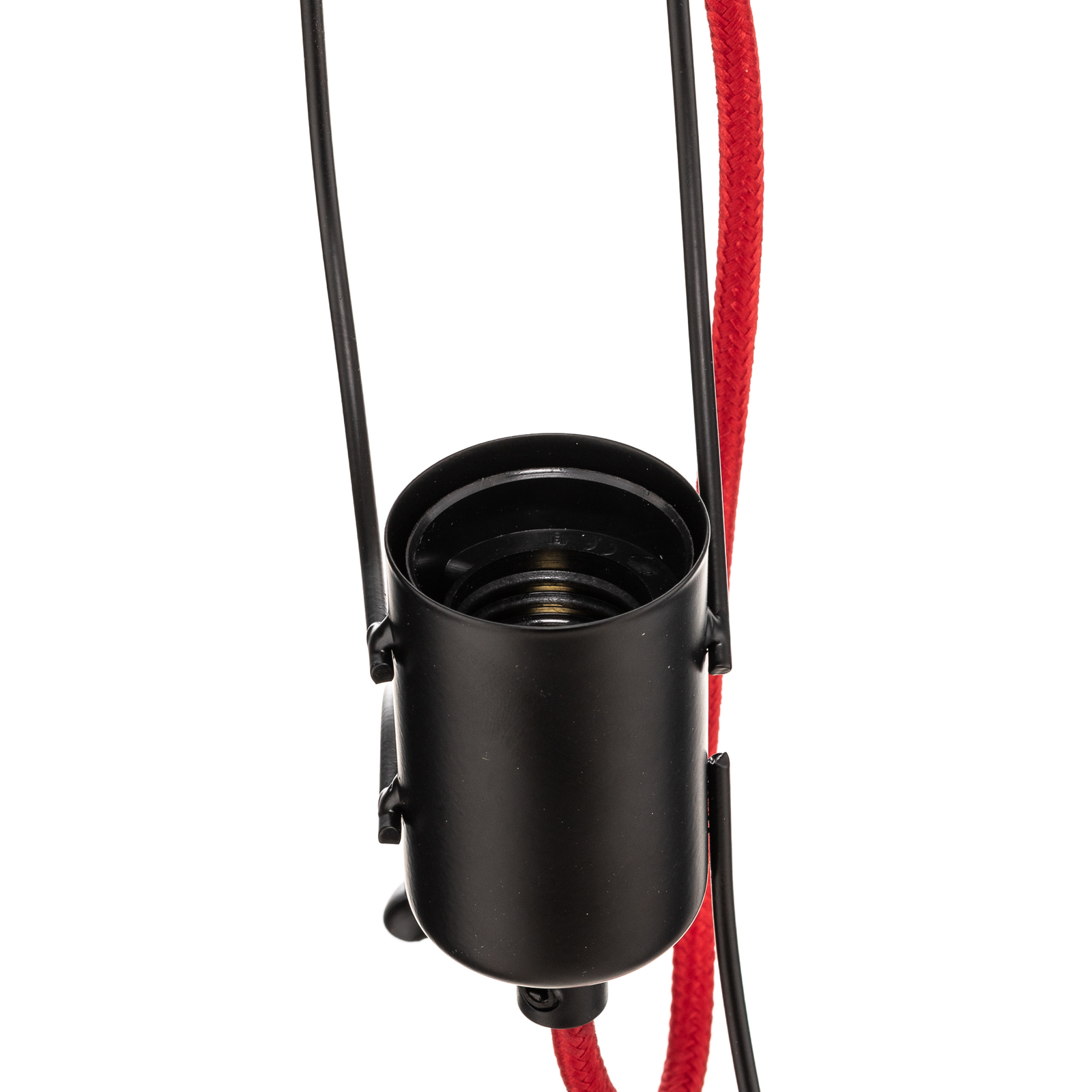 Závěsné svítidlo Bobi 3 v černé barvě, červený kabel, 3 světla.
