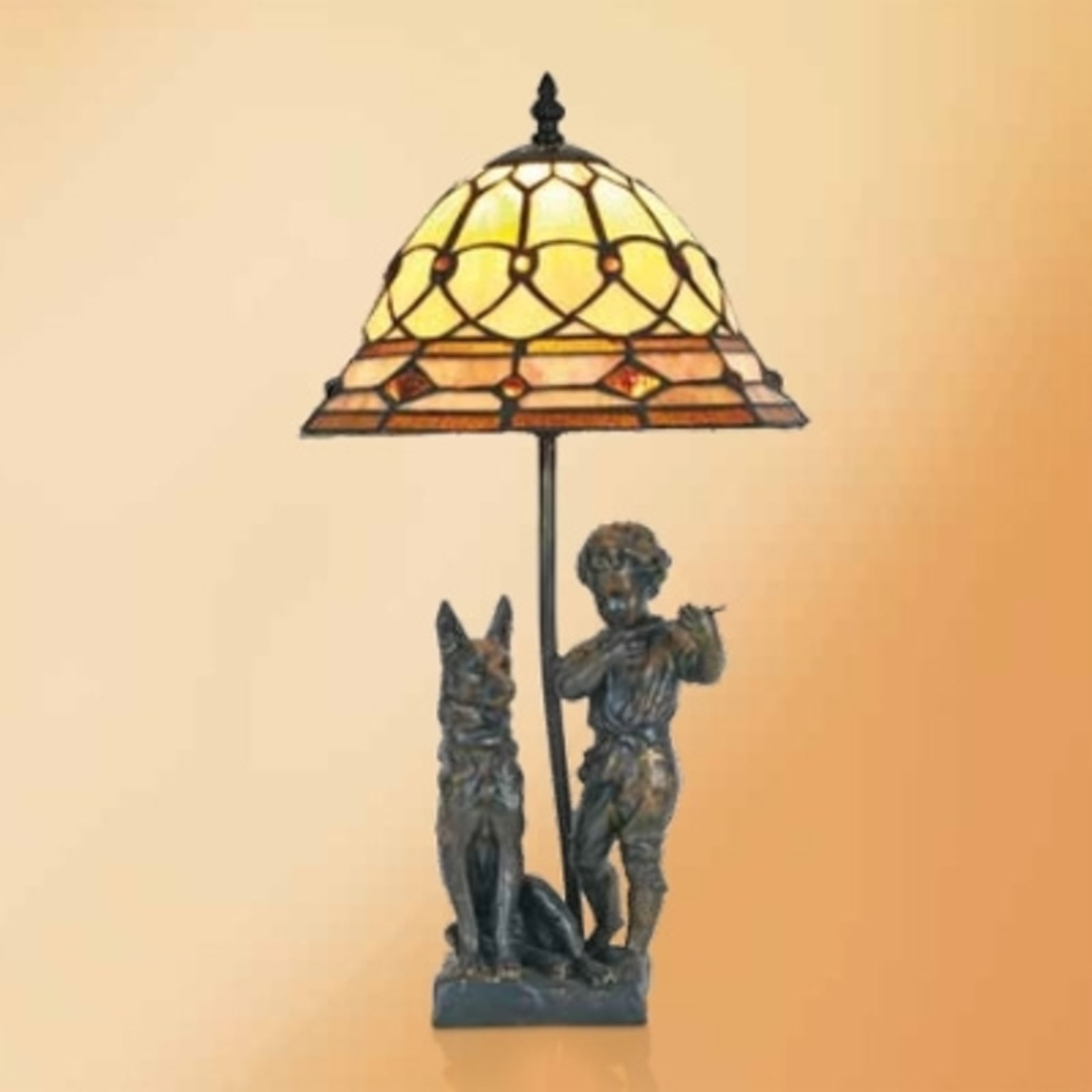 Artistar Hugo table lamp with resin figures, Tiffany style, for Living / Dining Room, glass, synthetic resin, E27, 60 W, energy efficiency: A++, H: 46 cm