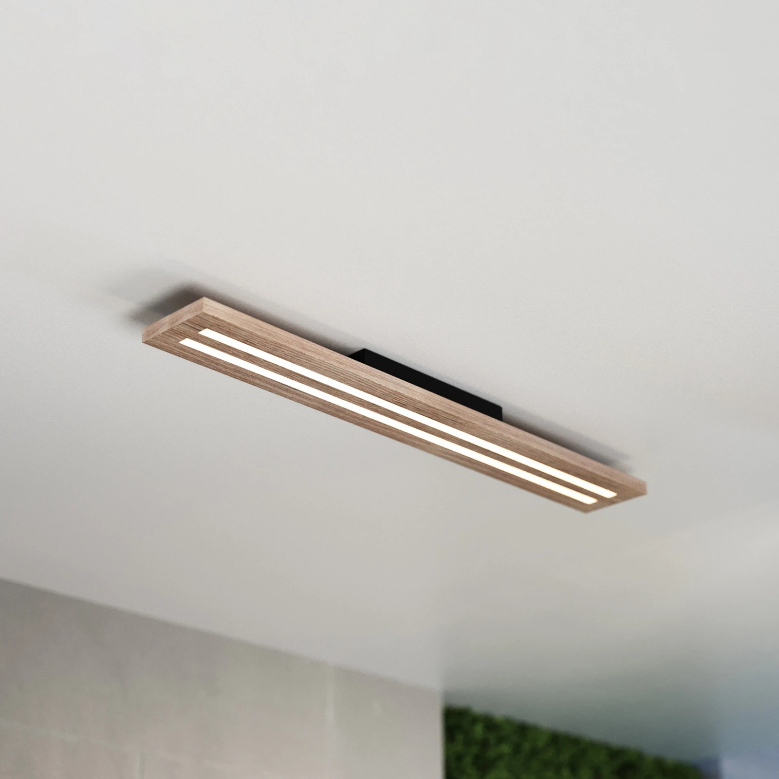 Woody LED ceiling light, length 80 cm, oak/black, 3,000 K | Lights