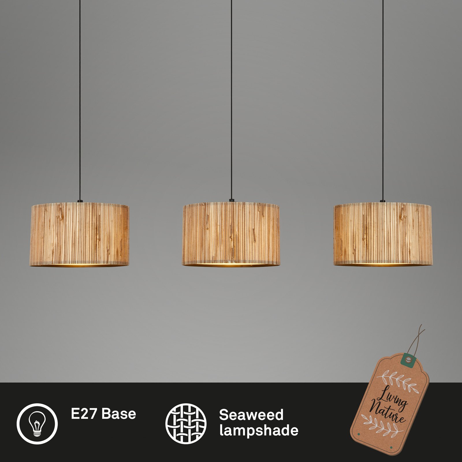 Slama pendant light, 3-bulb, natural colour, seagrass