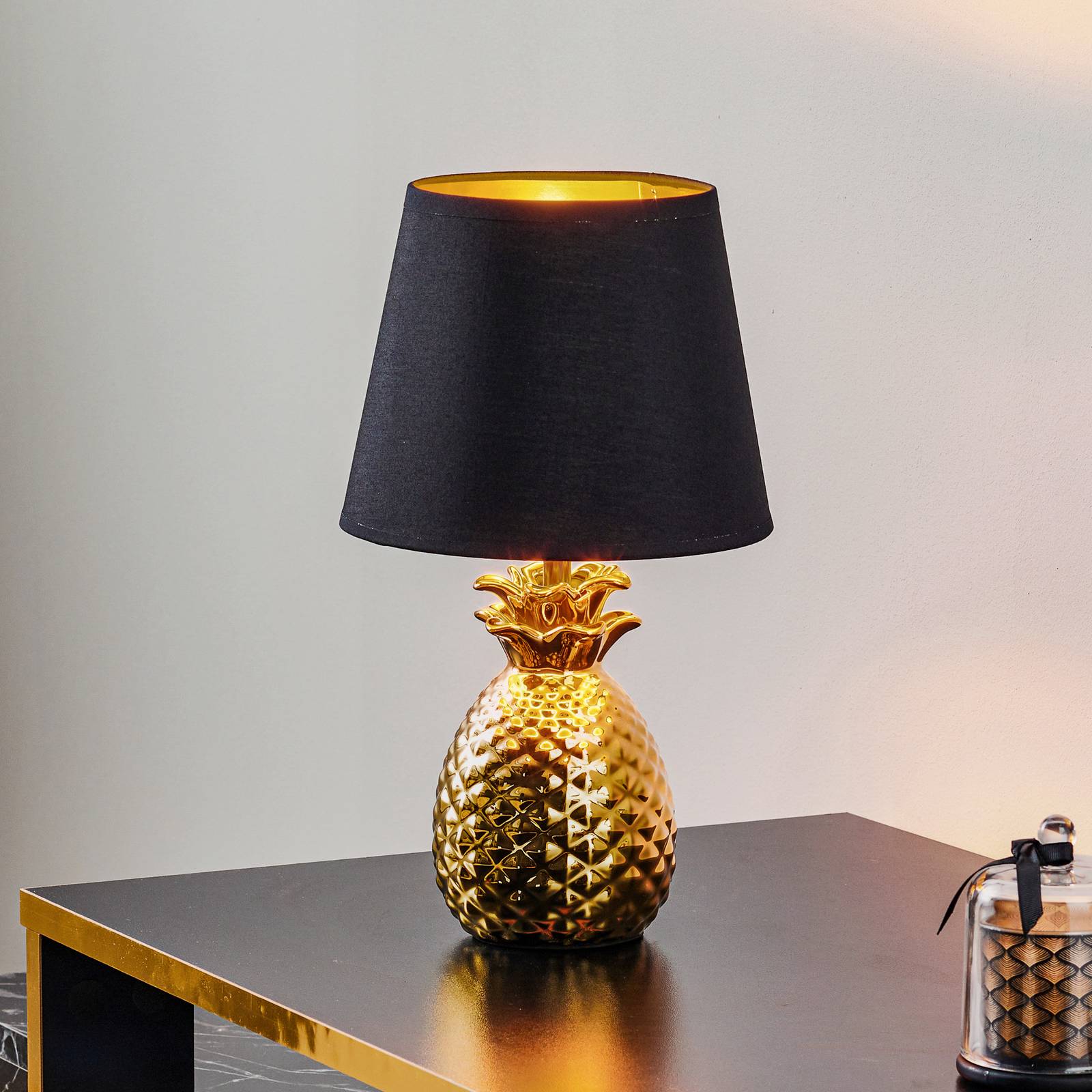 Reality Leuchten Lampe à poser Pineapple en céramique noir et or