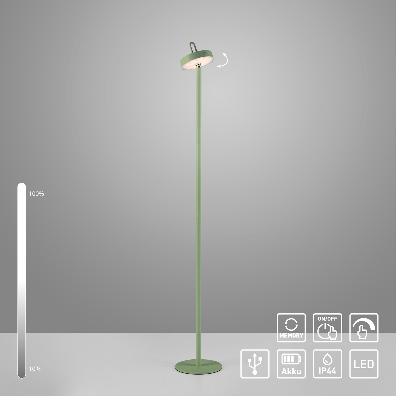 JUST LIGHT. Lampe sur pied LED rechargeable Amag, vert, fer, IP44