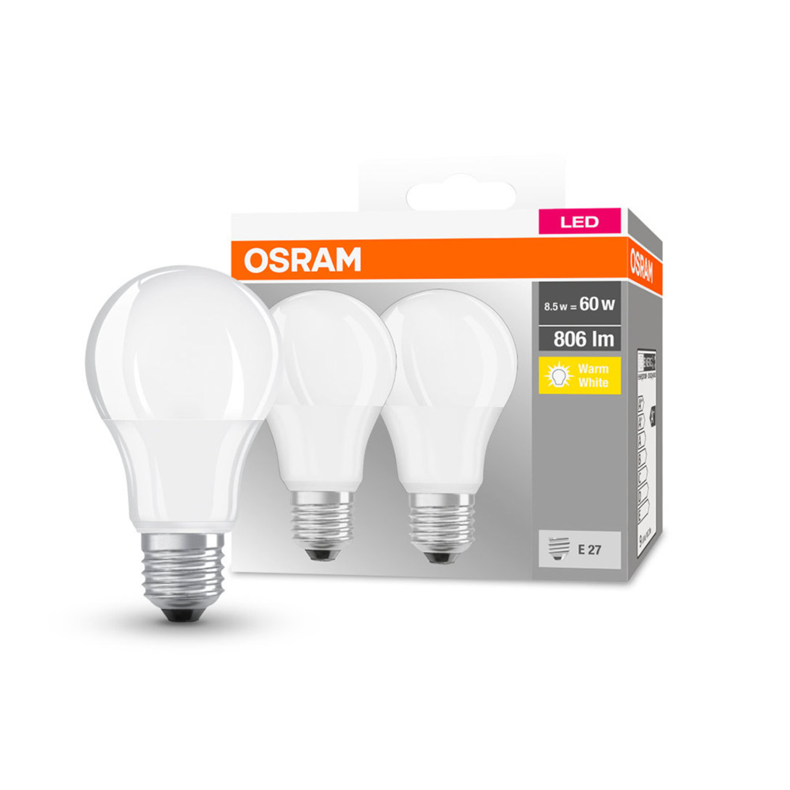 OSRAM LED-pære Classic E27 8,5W 2 700 K 806lm 2er