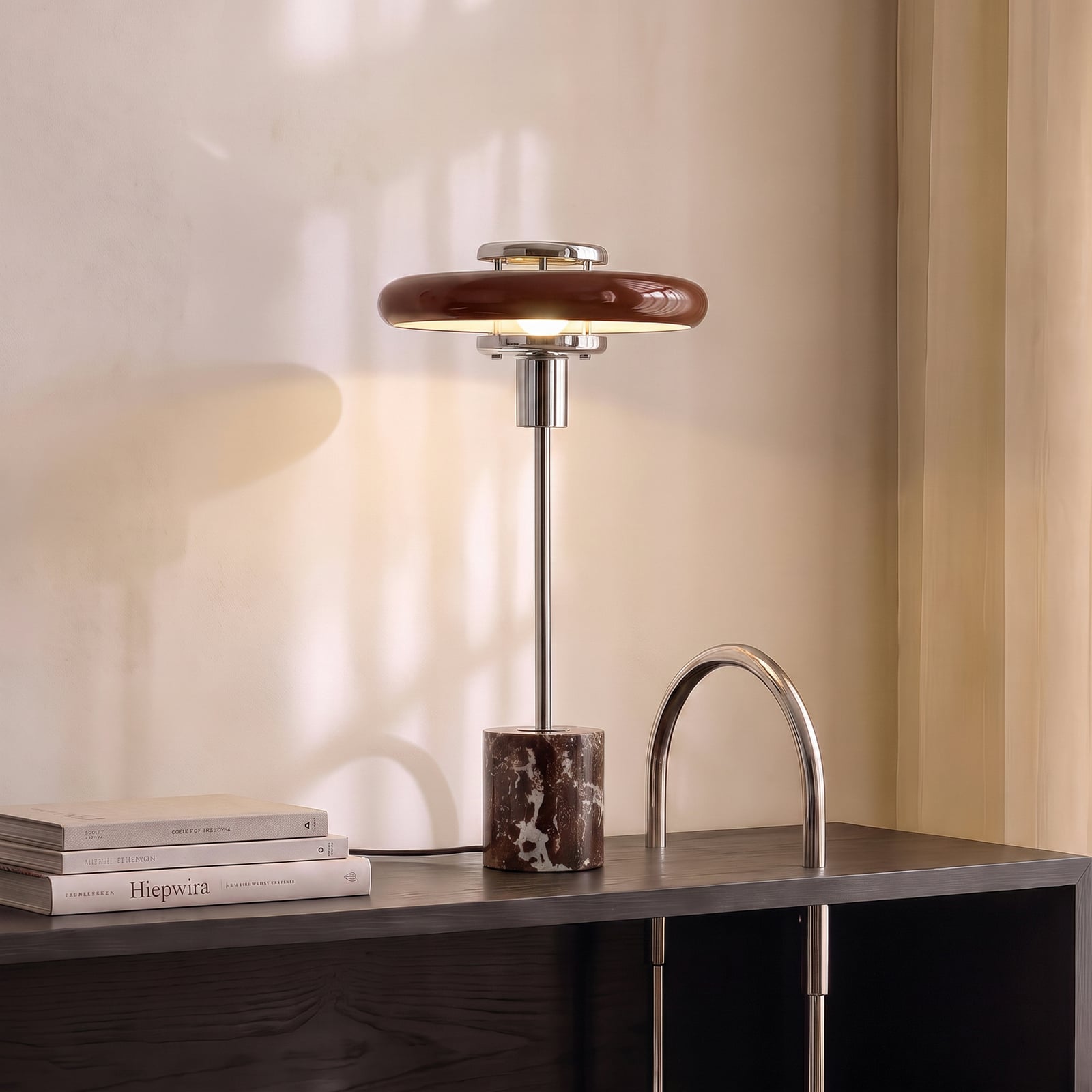 Lampa de masă Lindby Branford, stil retro, culoare burgund, sticlă/marmură