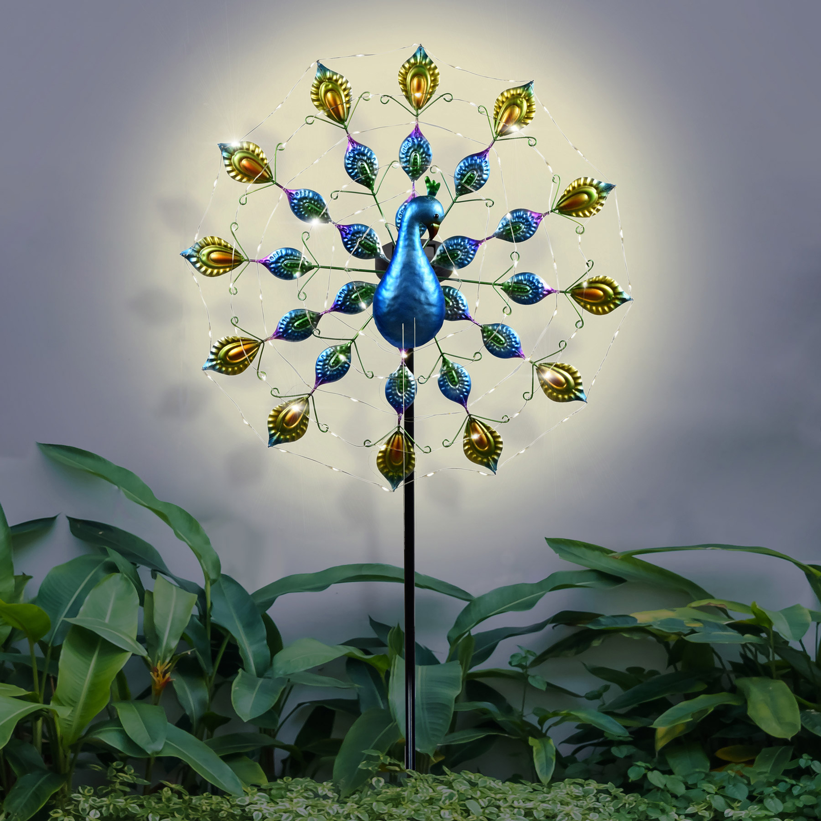 33878 LED-solcellelampe med blå påfugl-figur