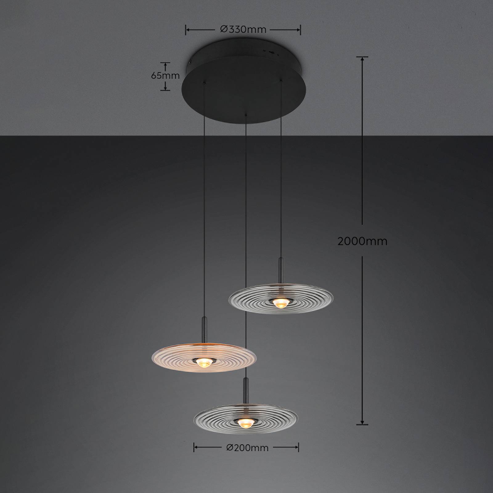 LED-hengelampe Sirena svart/rav/røykfarget, Ø 41 cm, glass, 3 lyskilder