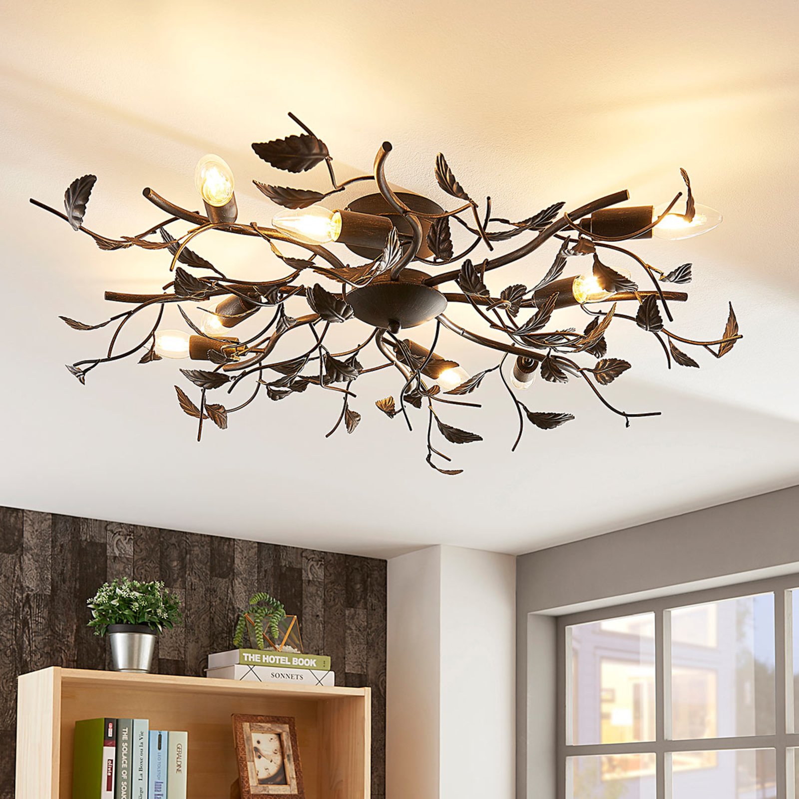 Lindby ceiling lamp Yos, 8-bulb, 85 cm, black-gold, metal