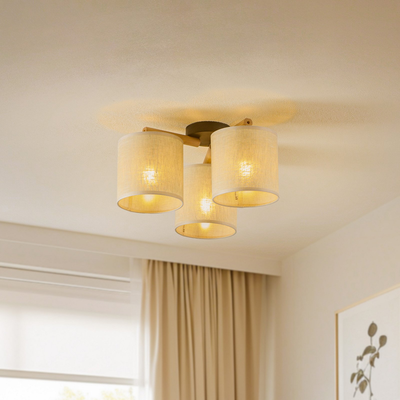 TK Lighting Plafonieră Deva textilă 3 becuri - Camera de zi / sufragerie - Scandinavă - bej lemn deschis negru - Țesătură / Textil