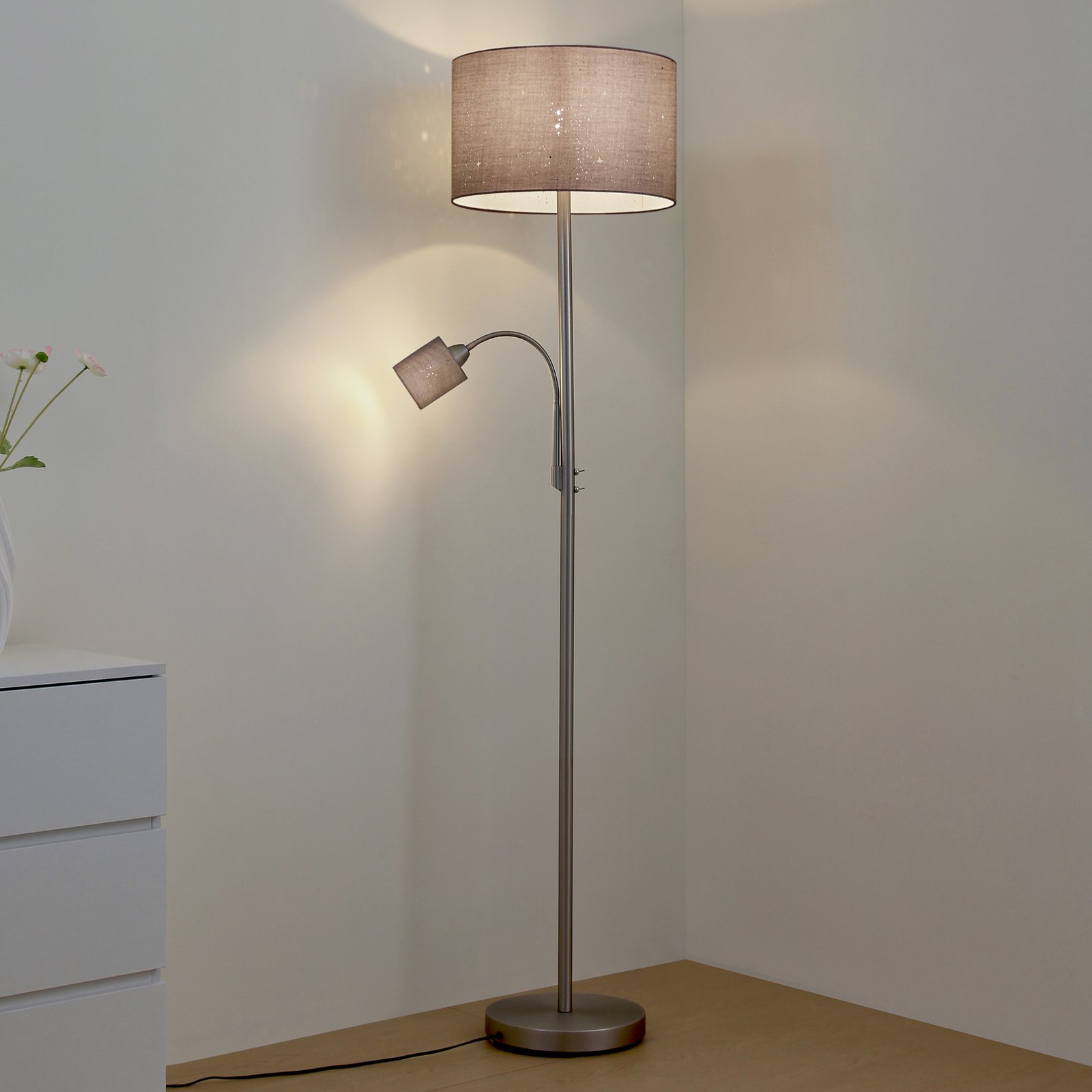 Lindby Stehleuchte Jaileen, grau, Textil, 170 cm, Leselicht