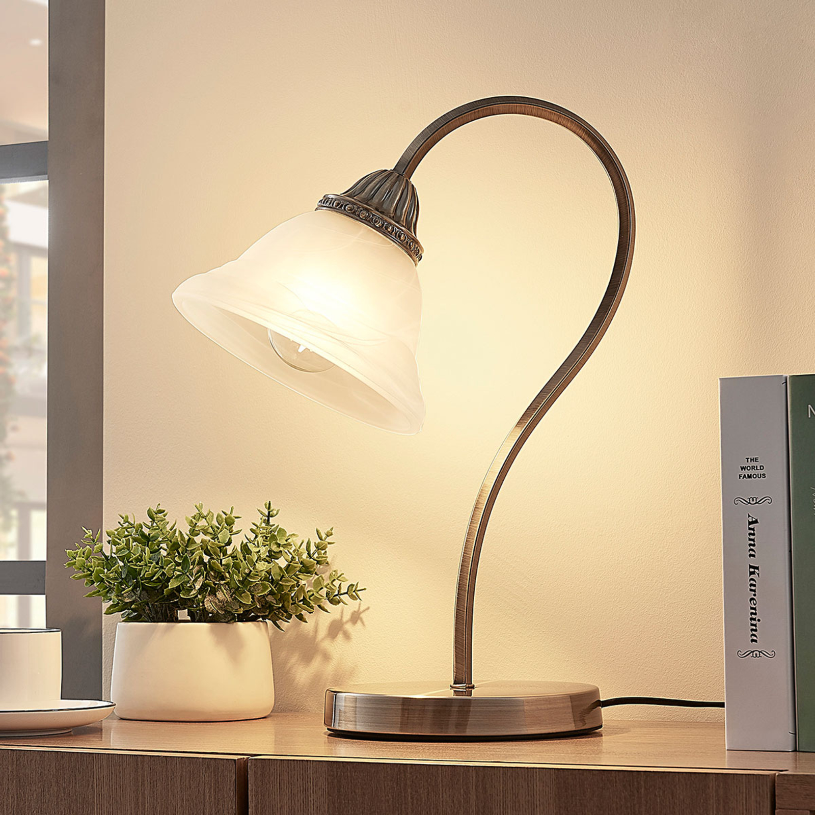 Curved Table Lamp Mialina With An E27, Curved Table Lamp