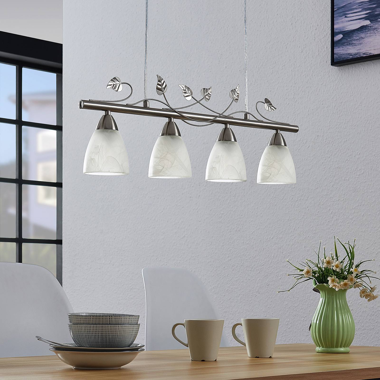 Lampa wisząca Lindby Yannie, 4-punktowa, 72 cm, nikiel/biały, szkło