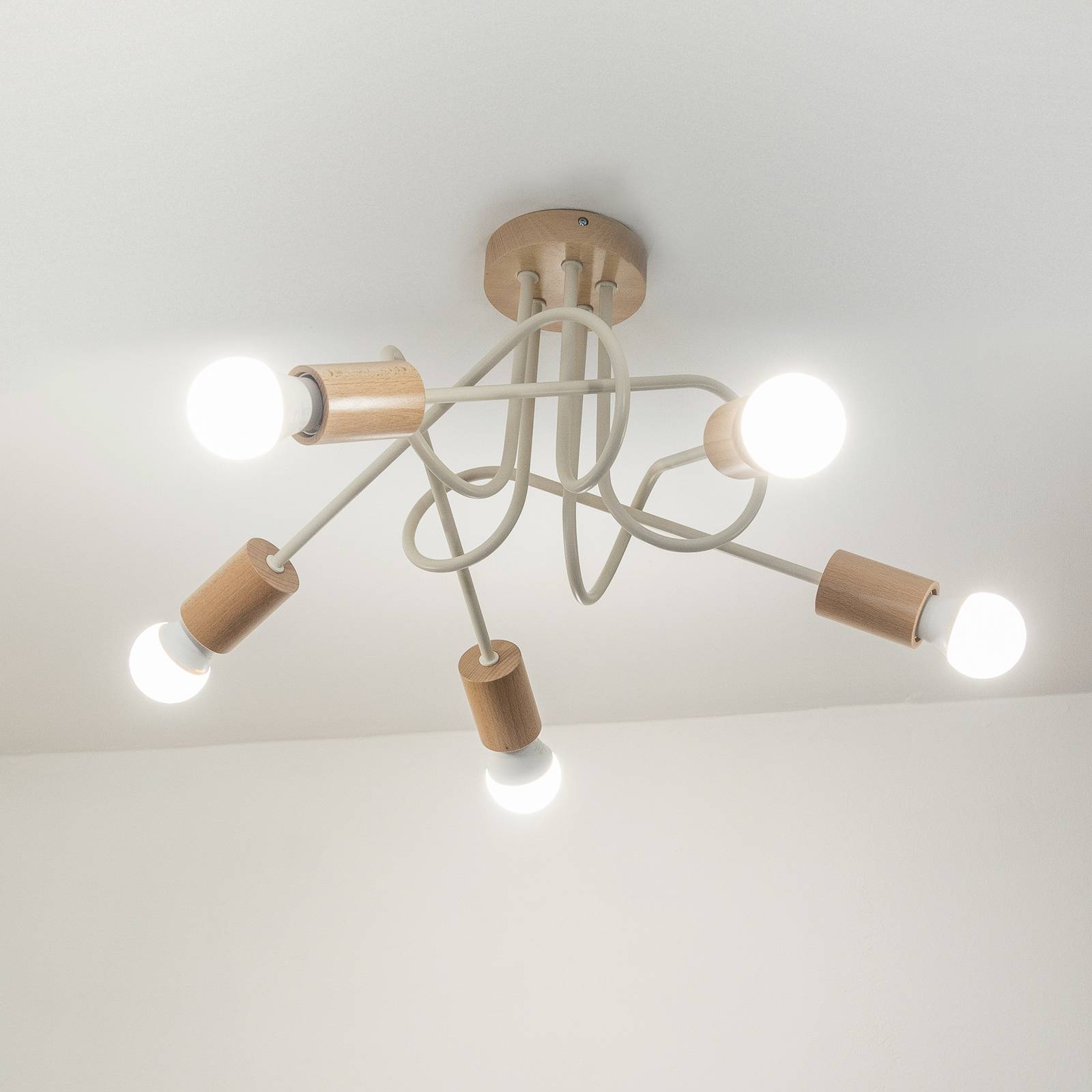 Lampa sufitowa Oxford, piaskowo-beżowa, drewno, metal, 5-punktowa, Ø 47 cm