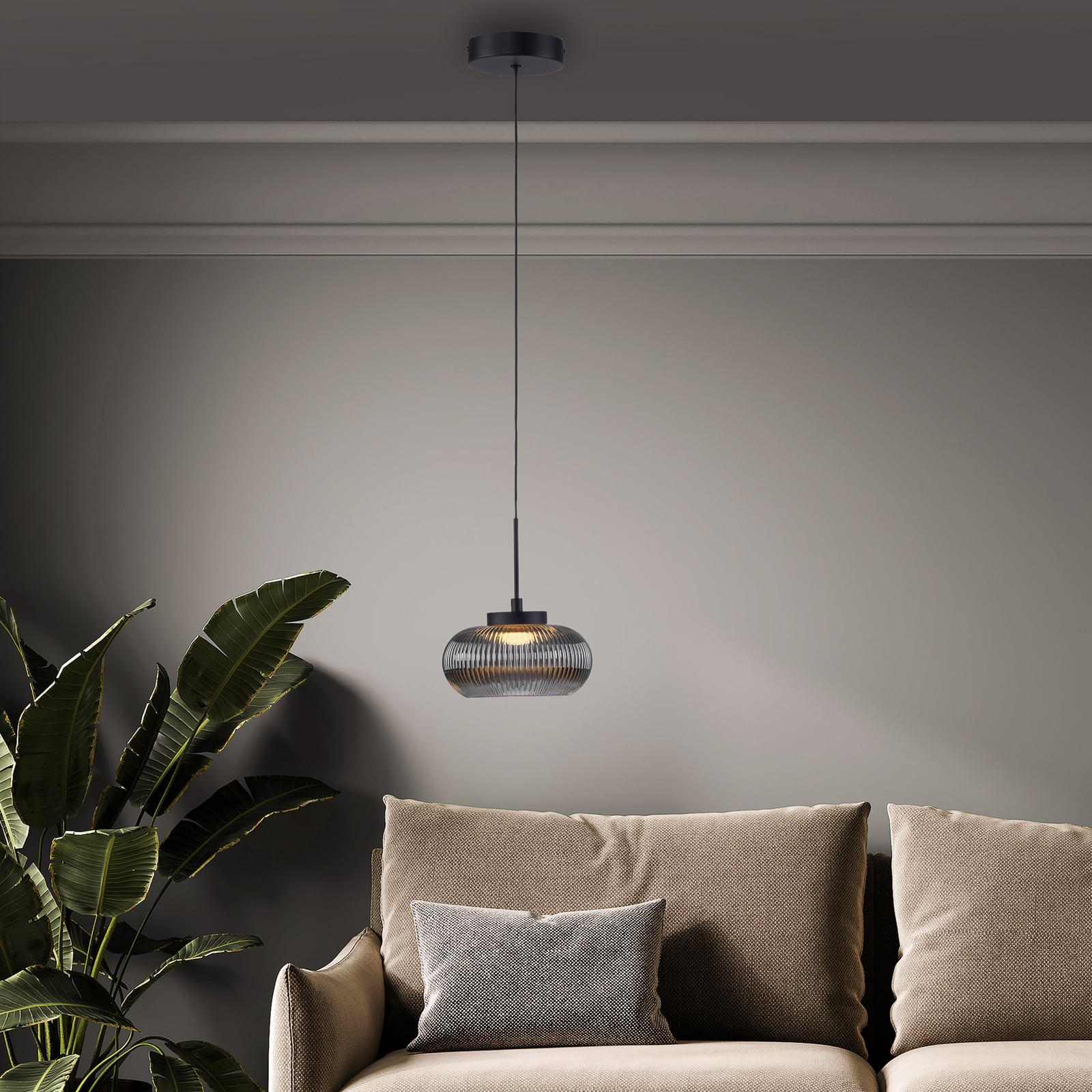 Lámpara colgante LED Noctis, gris ahumado, cristal, atenuable, 3.000 K
