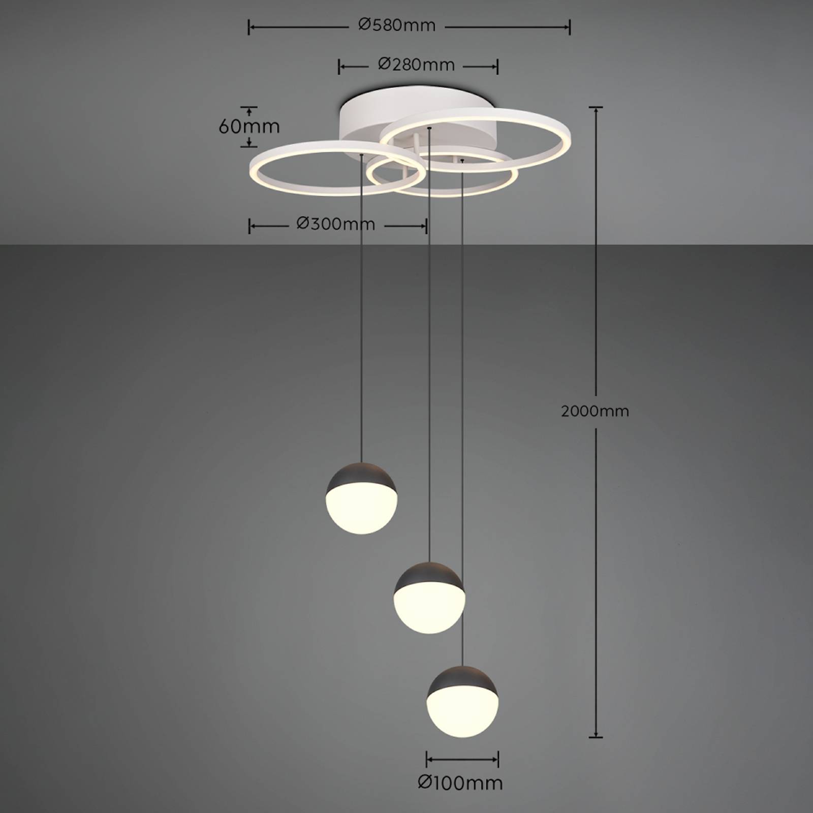LED-pendellampe Larino, rund, lysegrå, metall, CCT, fjernkontroll