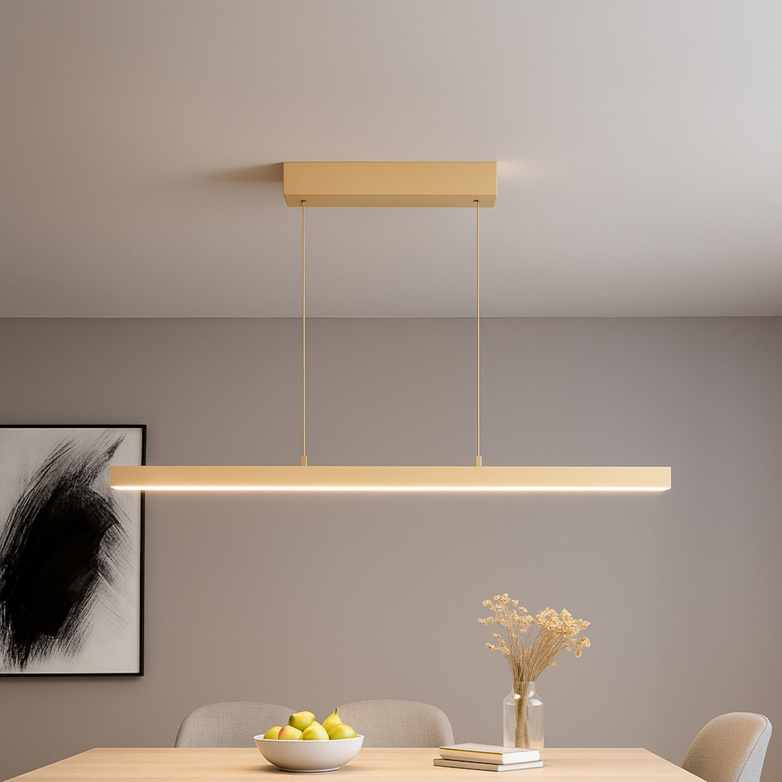 Závěsné světlo LED Vayana, délka 114 cm, písková barva, kov, CCT